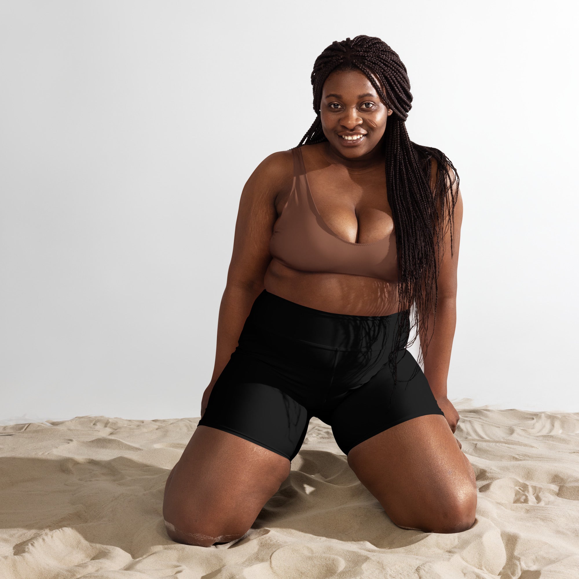 Women’s buttery soft black high waisted swim shorts with a drawstring waistband for active wear