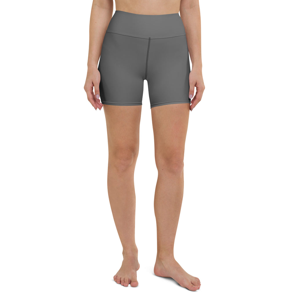 Women’s gray high waisted yoga shorts made from smooth stretchy buttery soft fabric for active wear