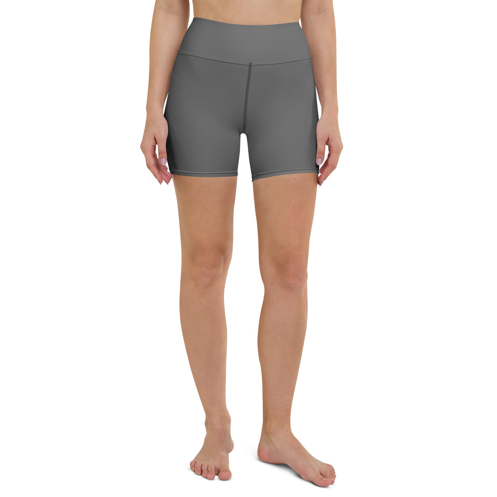 Women’s gray high waisted yoga shorts made from smooth stretchy buttery soft fabric for active wear