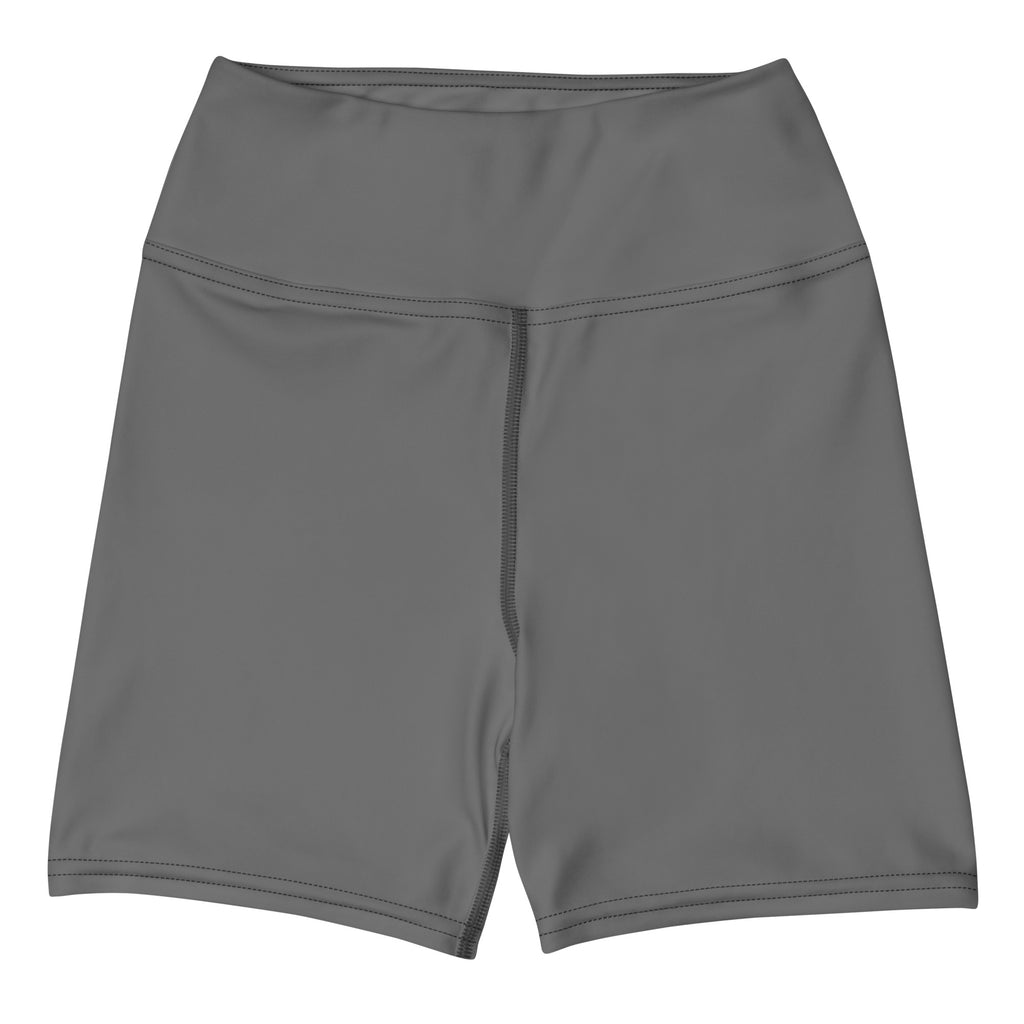 Women’s buttery soft gray high waisted yoga shorts with smooth stretchy fabric and subtle seam detailing