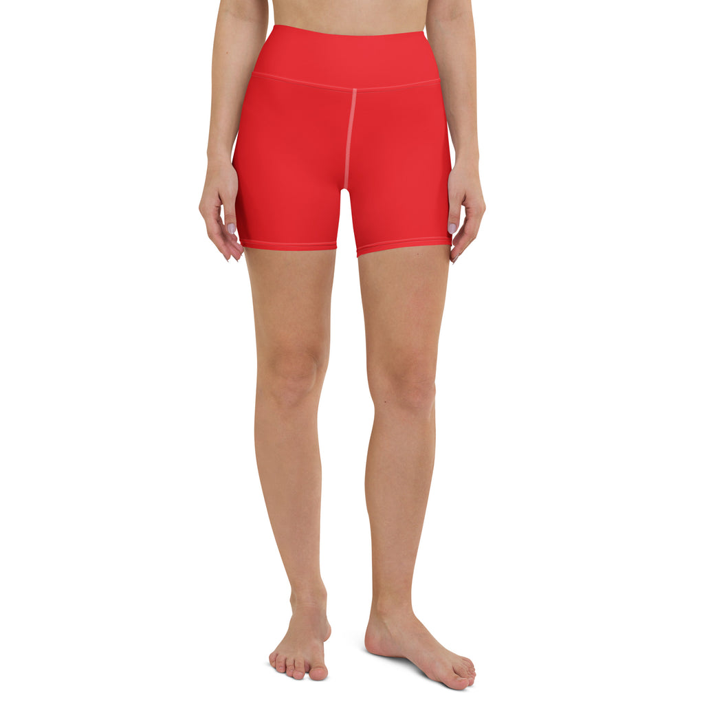 Red high waisted buttery soft yoga shorts made of stretchy fabric for women designed for active wear