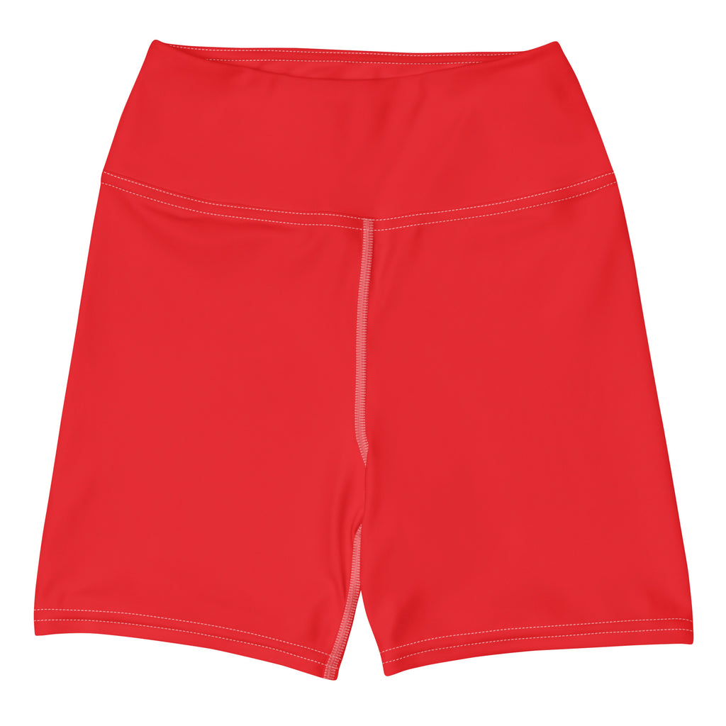 Women’s buttery soft red high waisted yoga shorts with matching stitching and a central seam for active wear