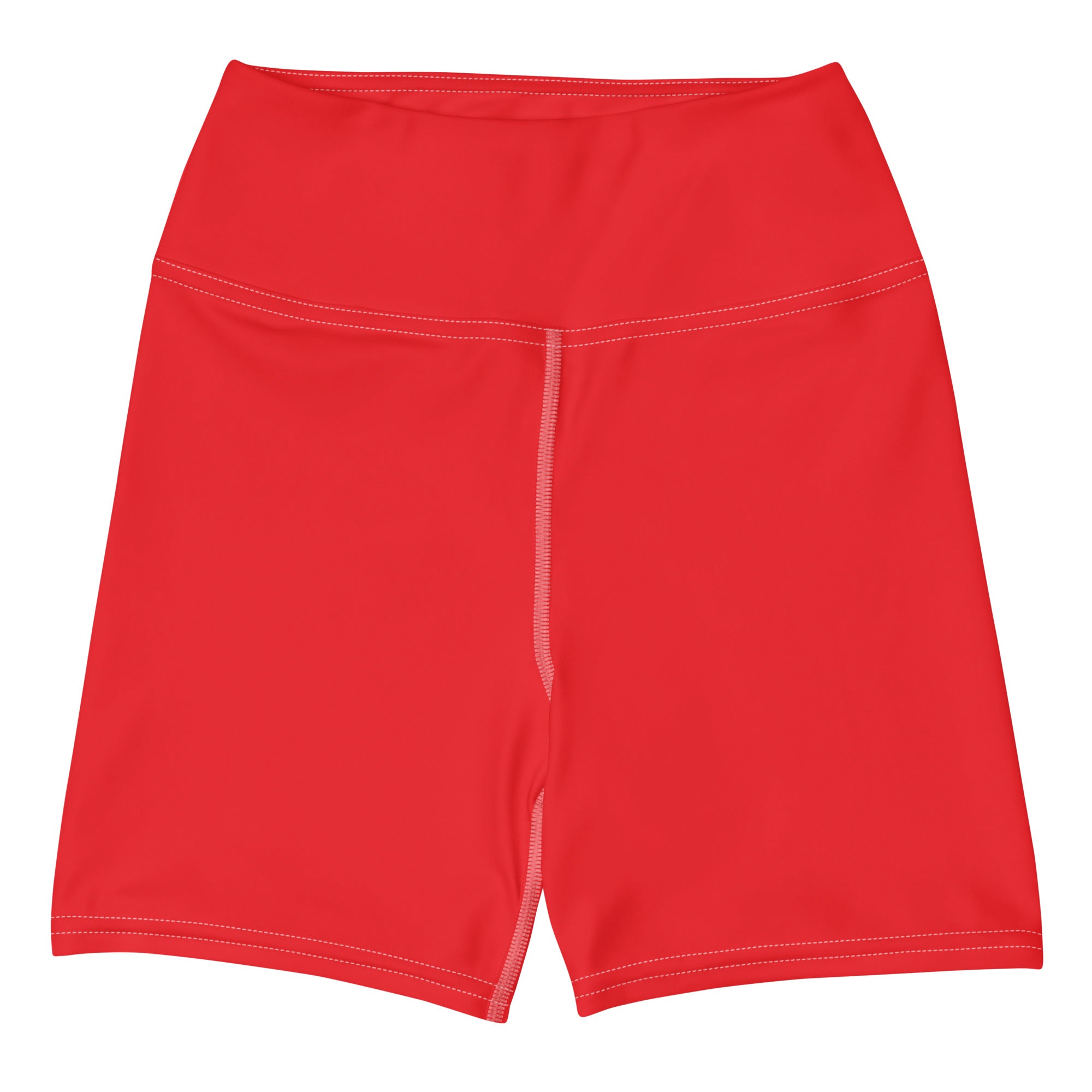Women’s buttery soft red high waisted yoga shorts with matching stitching and a central seam for active wear