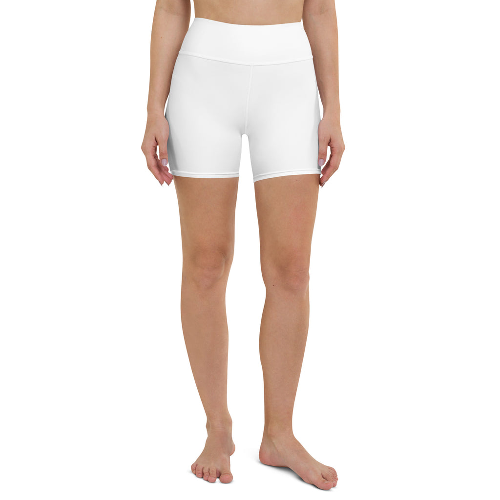 Women’s buttery soft white high-waisted yoga shorts made of stretchy form-fitting fabric for active wear