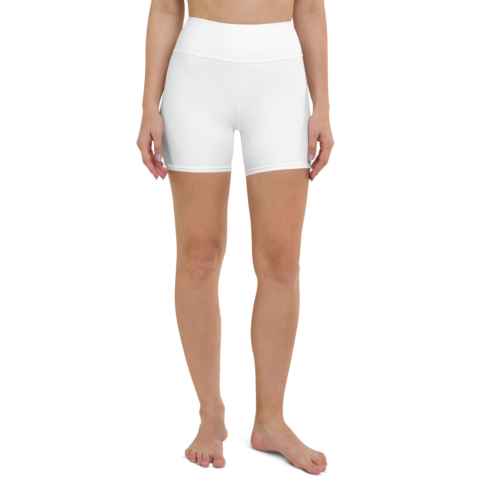Women’s buttery soft white high-waisted yoga shorts made of stretchy form-fitting fabric for active wear