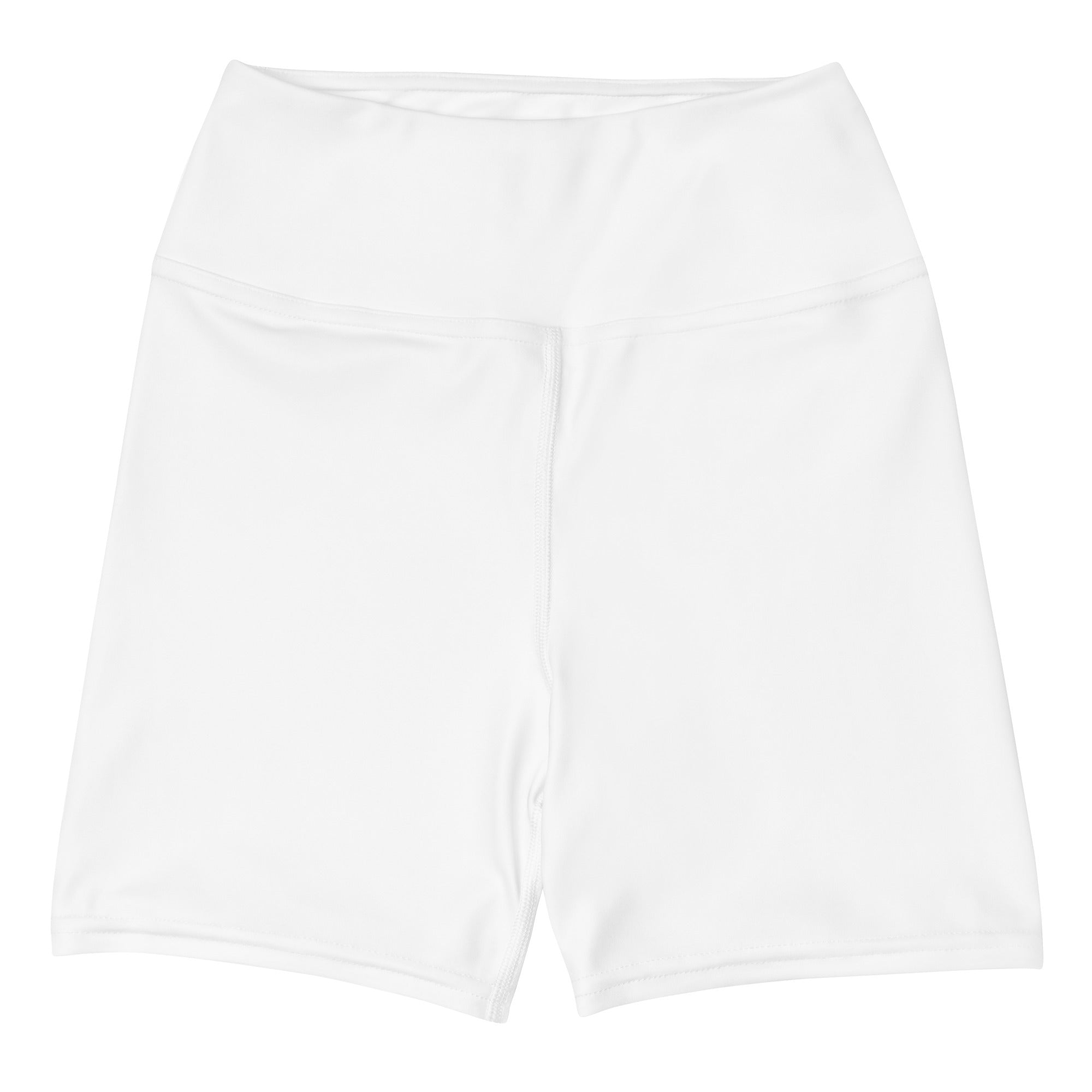 Women’s buttery soft white high waisted yoga shorts made of smooth stretchy fabric with subtle seam detailing