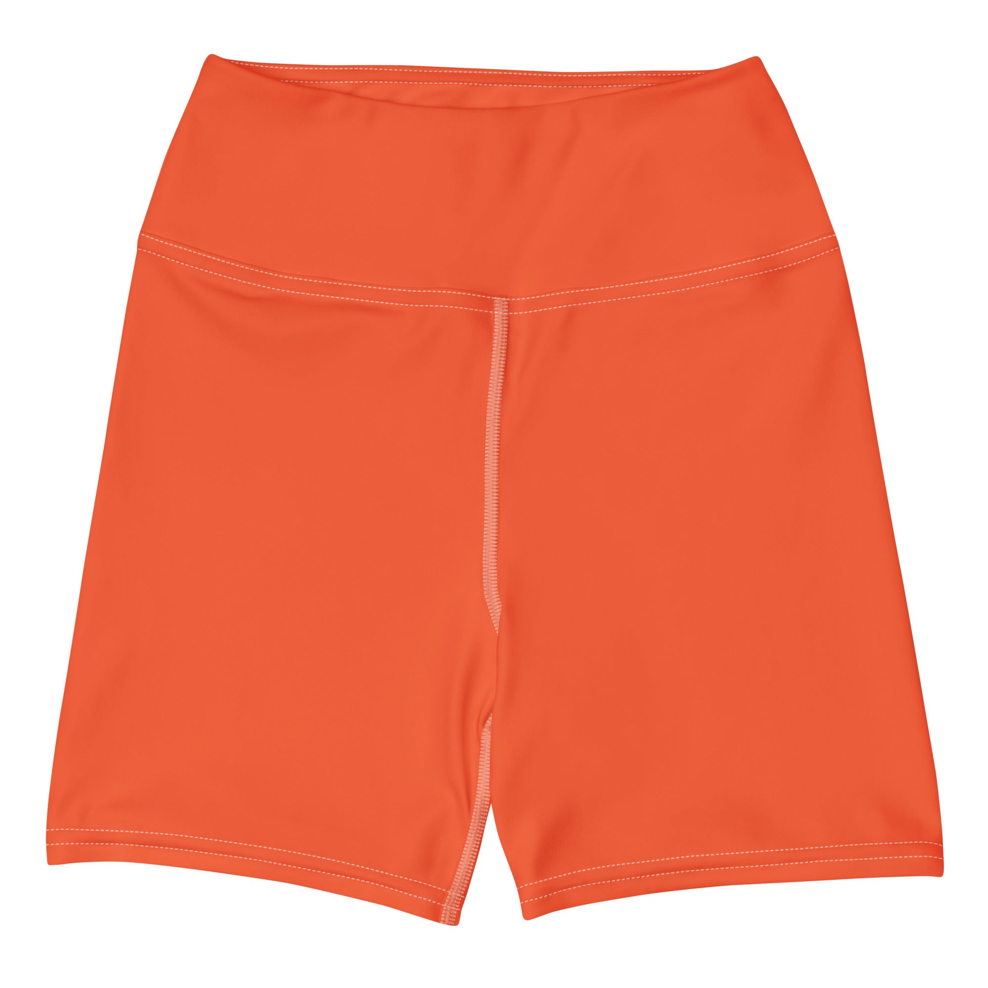 Bright orange high waisted buttery soft women’s yoga shorts with sleek form fitting design and subtle white stitching