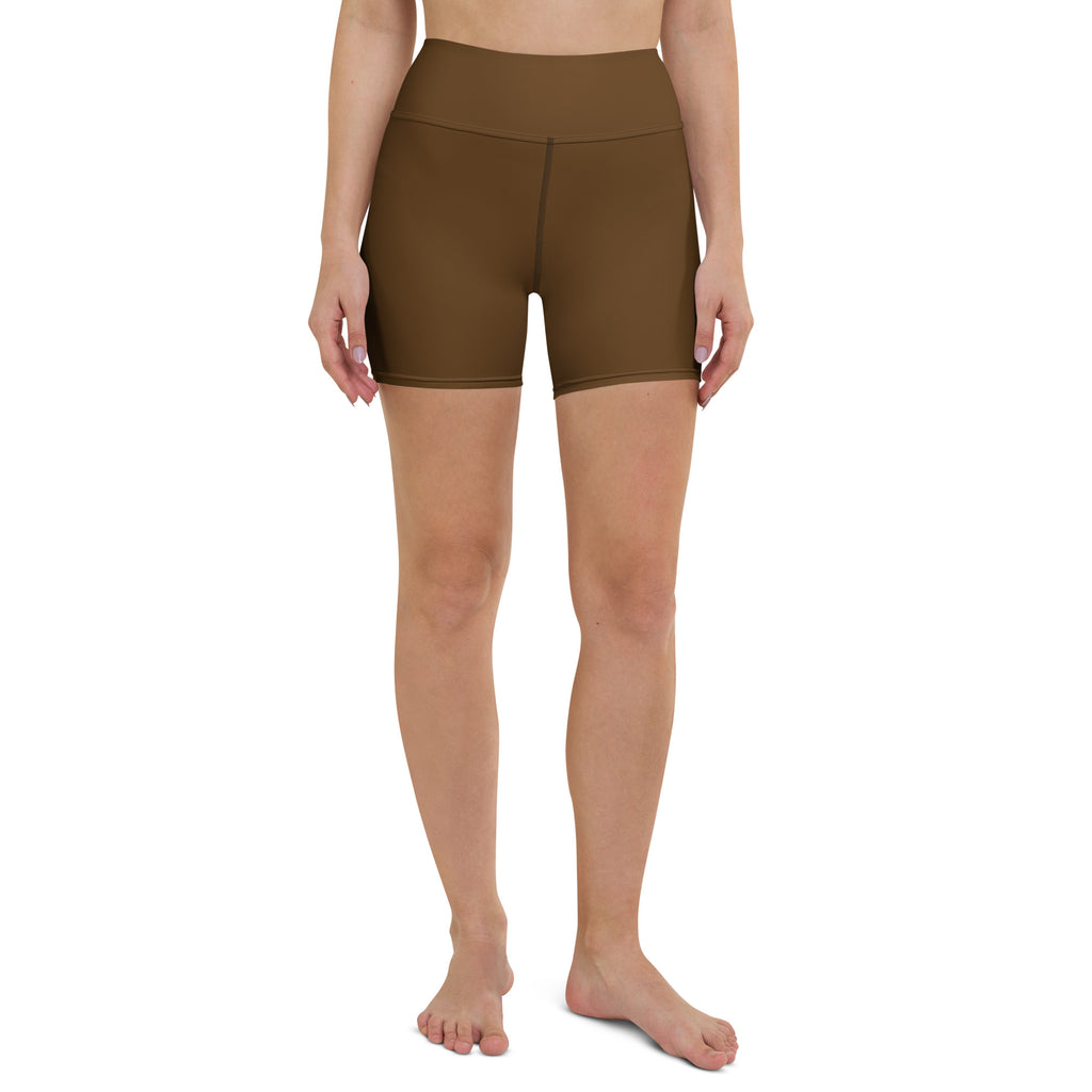 Women’s buttery soft brown high waisted yoga shorts made from soft fabric perfect for active wear