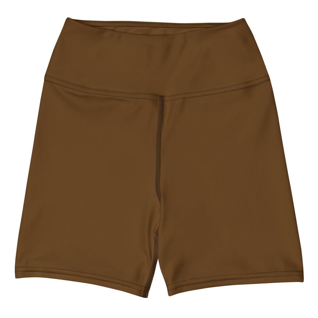 Women’s buttery soft brown high waisted yoga shorts with seamless stretchy fabric and central zipper detail