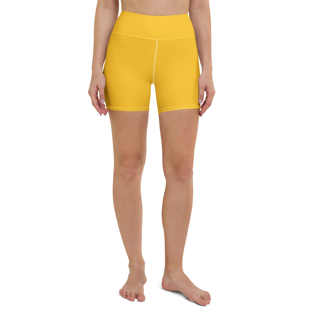 Bright yellow high waisted buttery soft womens yoga shorts perfect for active and casual wear