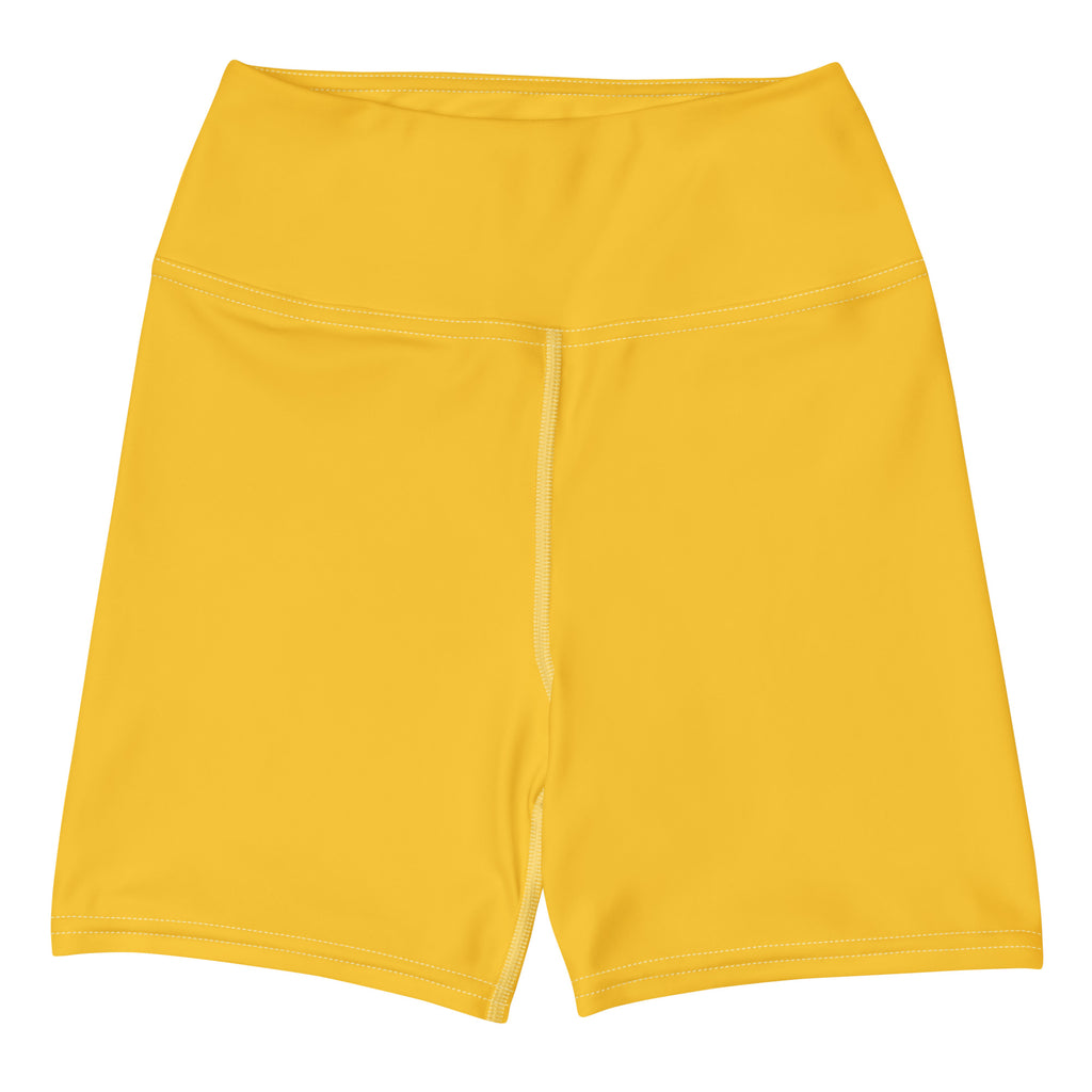 Bright yellow high waist womens yoga shorts made of buttery soft stretchy fabric with subtle vertical seam detail