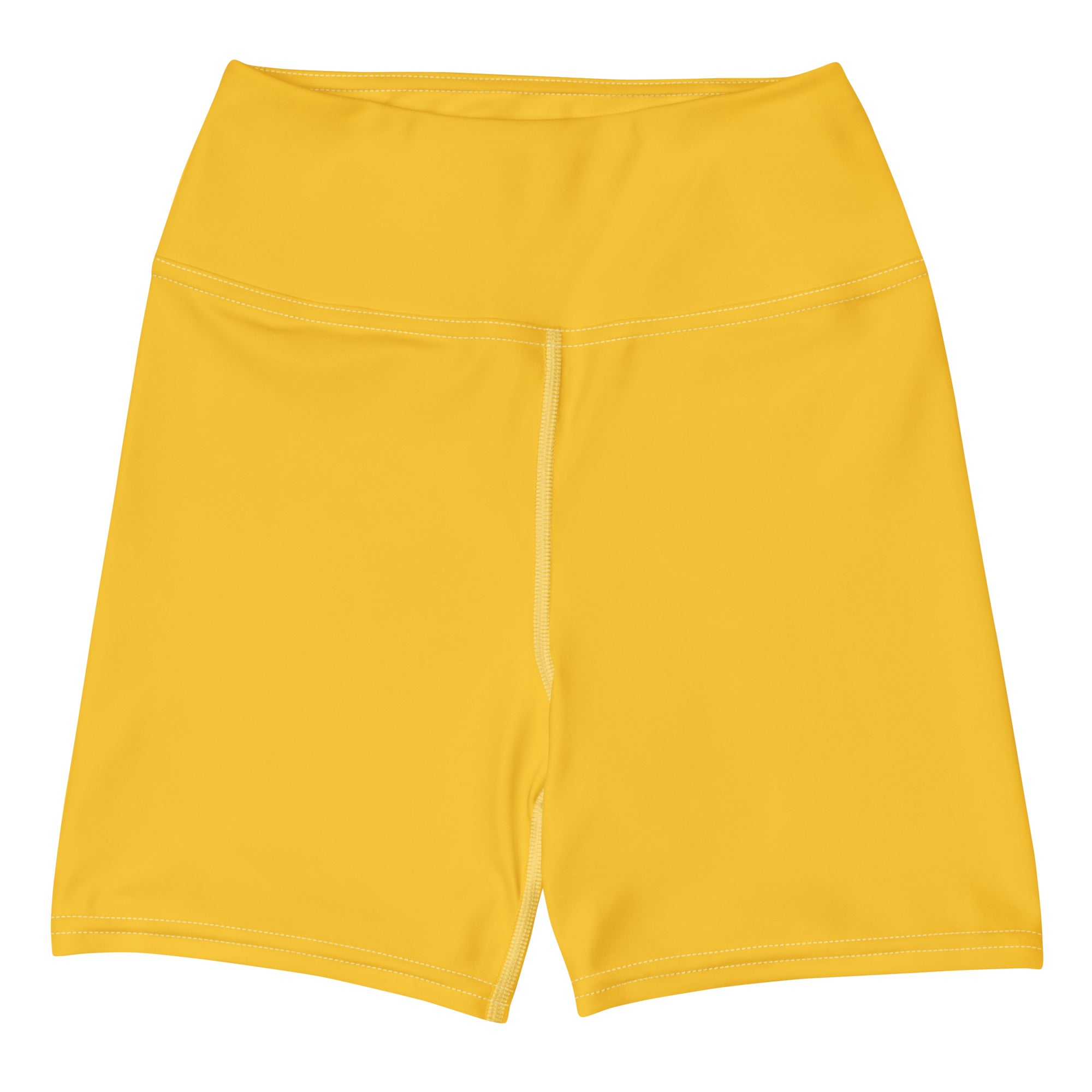 Bright yellow high waist womens yoga shorts made of buttery soft stretchy fabric with subtle vertical seam detail