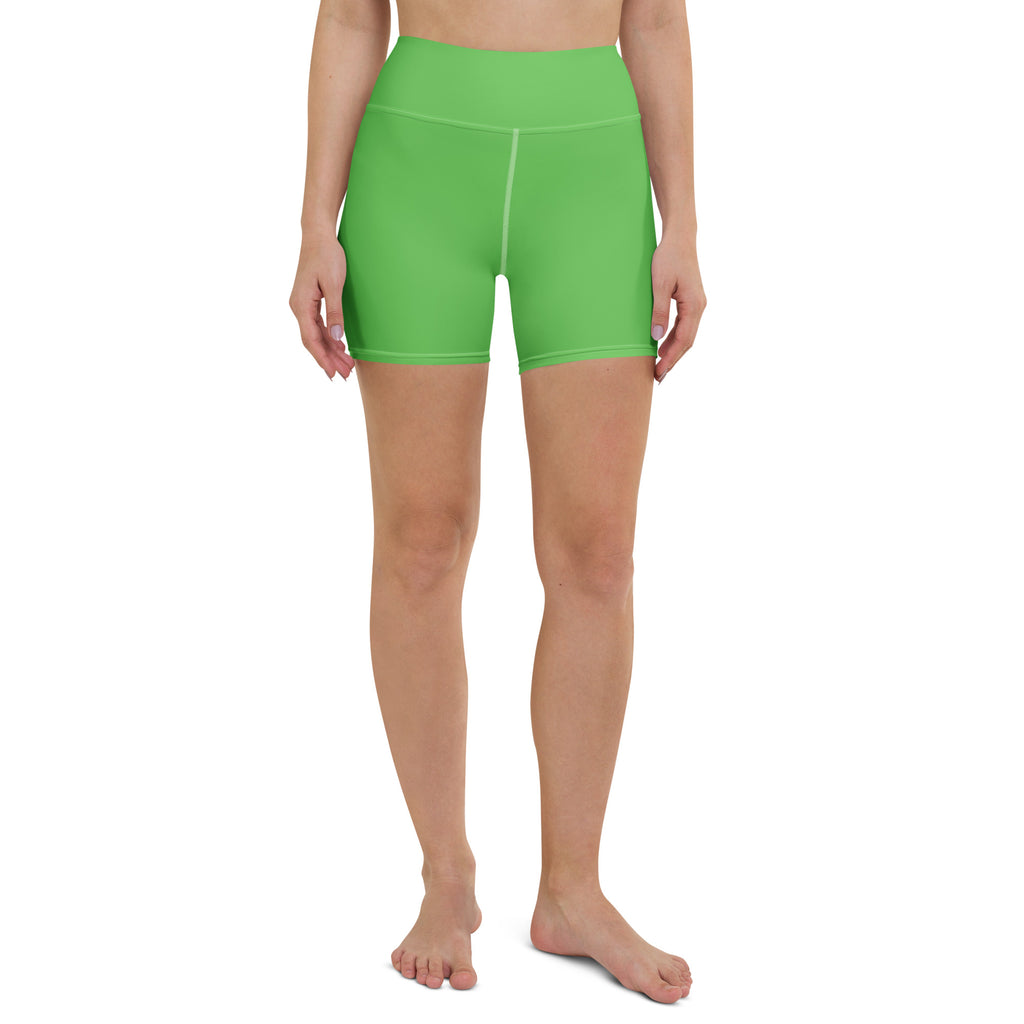 Bright green high waisted buttery soft yoga shorts made of smooth stretchy fabric for comfortable activewear