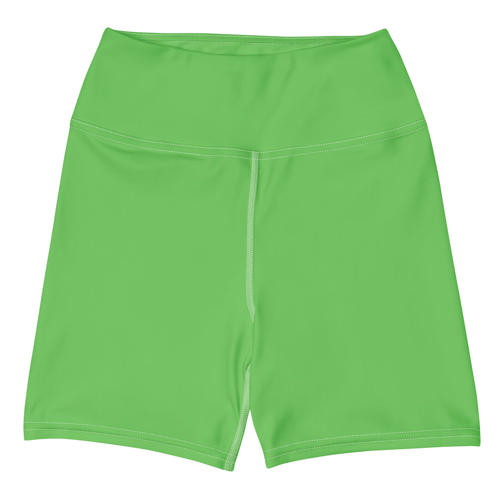 Women’s buttery soft green high waisted yoga shorts with smooth stretchy fabric and subtle white stitching