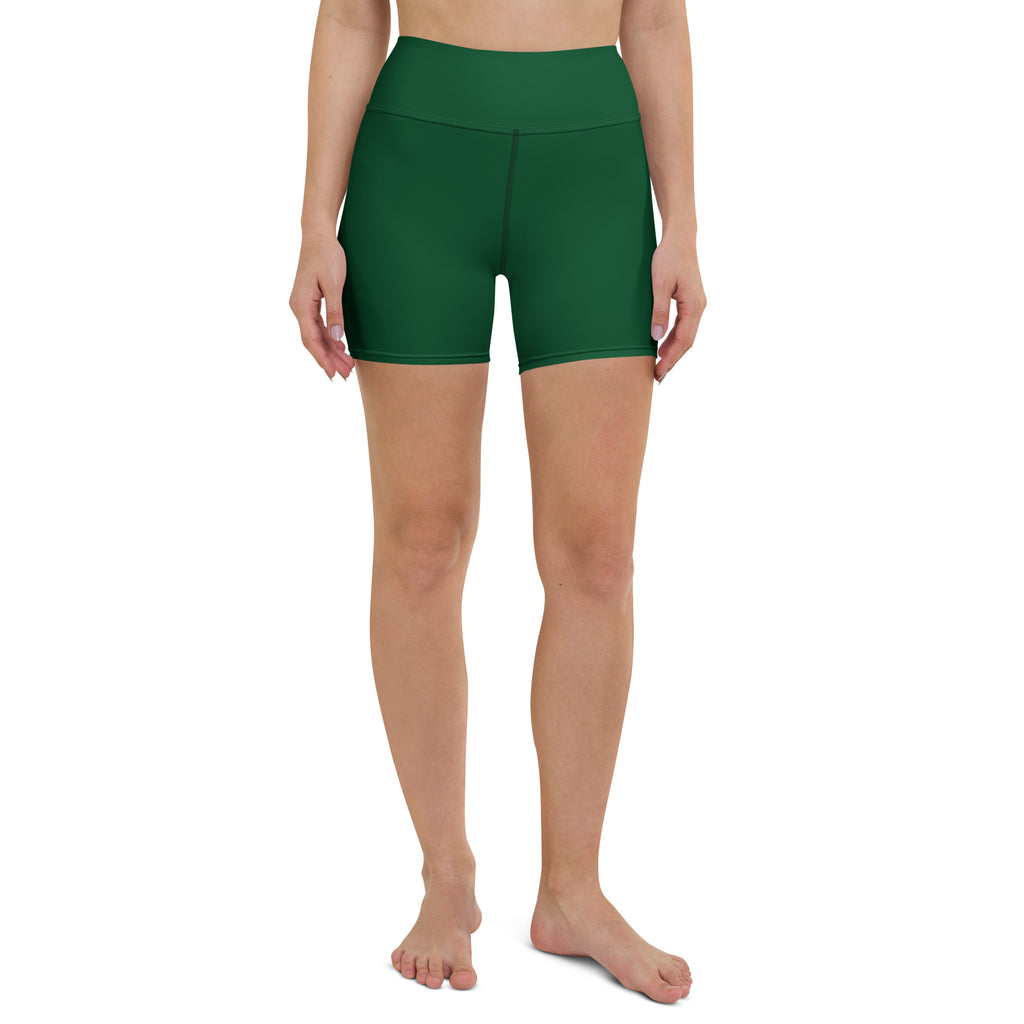 Dark green high waisted buttery soft yoga shorts made of stretchy fabric for women activewear