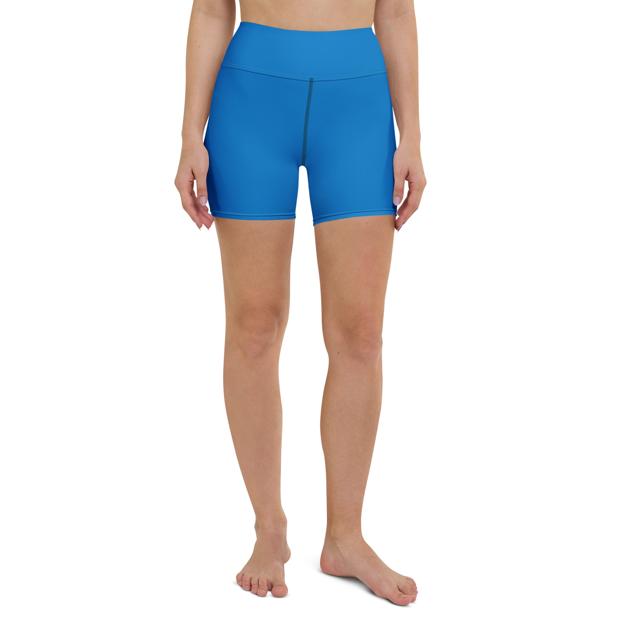 Bright blue high waisted buttery soft yoga shorts made of stretchy fabric for comfortable active wear