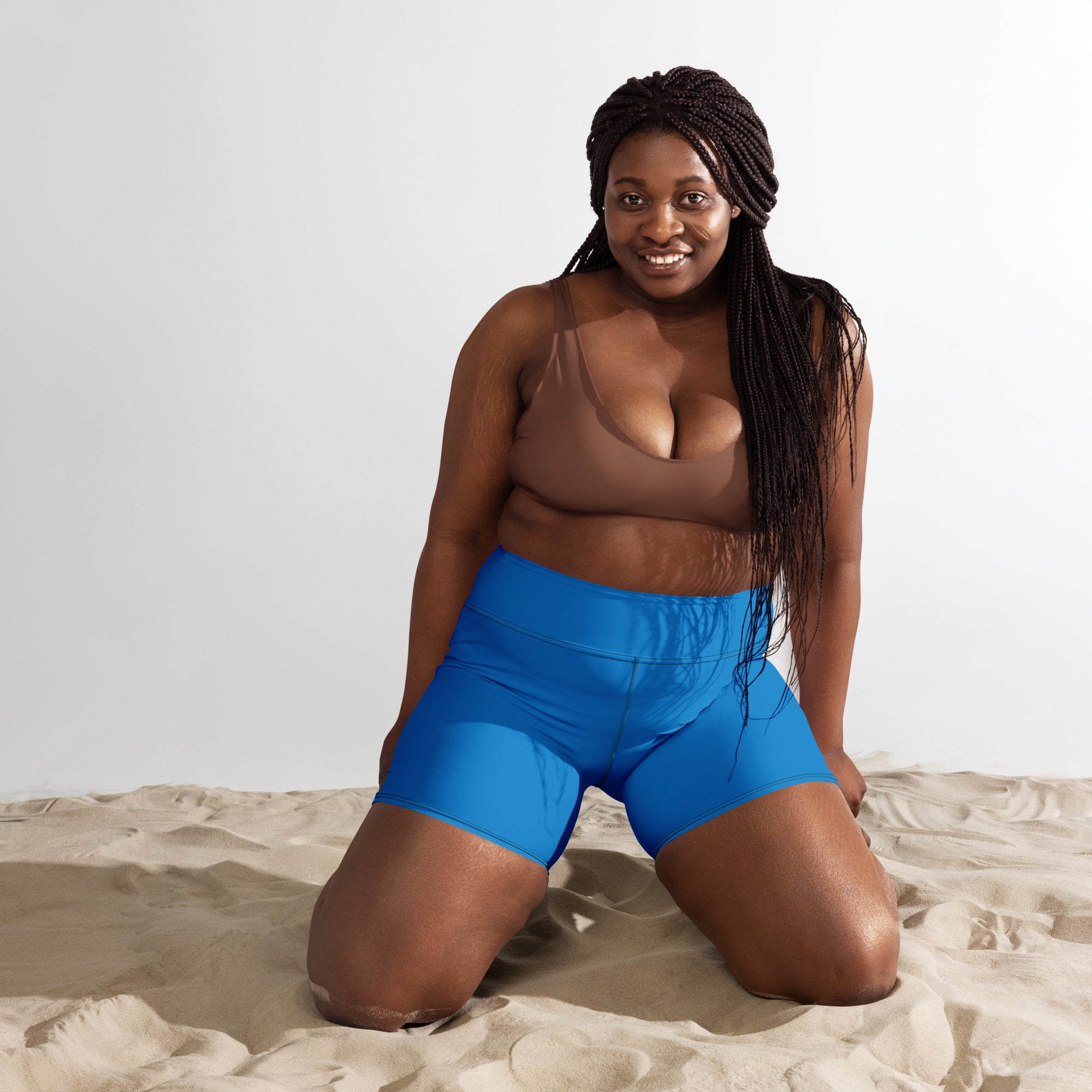 Women’s high waisted cobalt blue buttery soft yoga shorts ideal for activewear and comfortable workout sessions