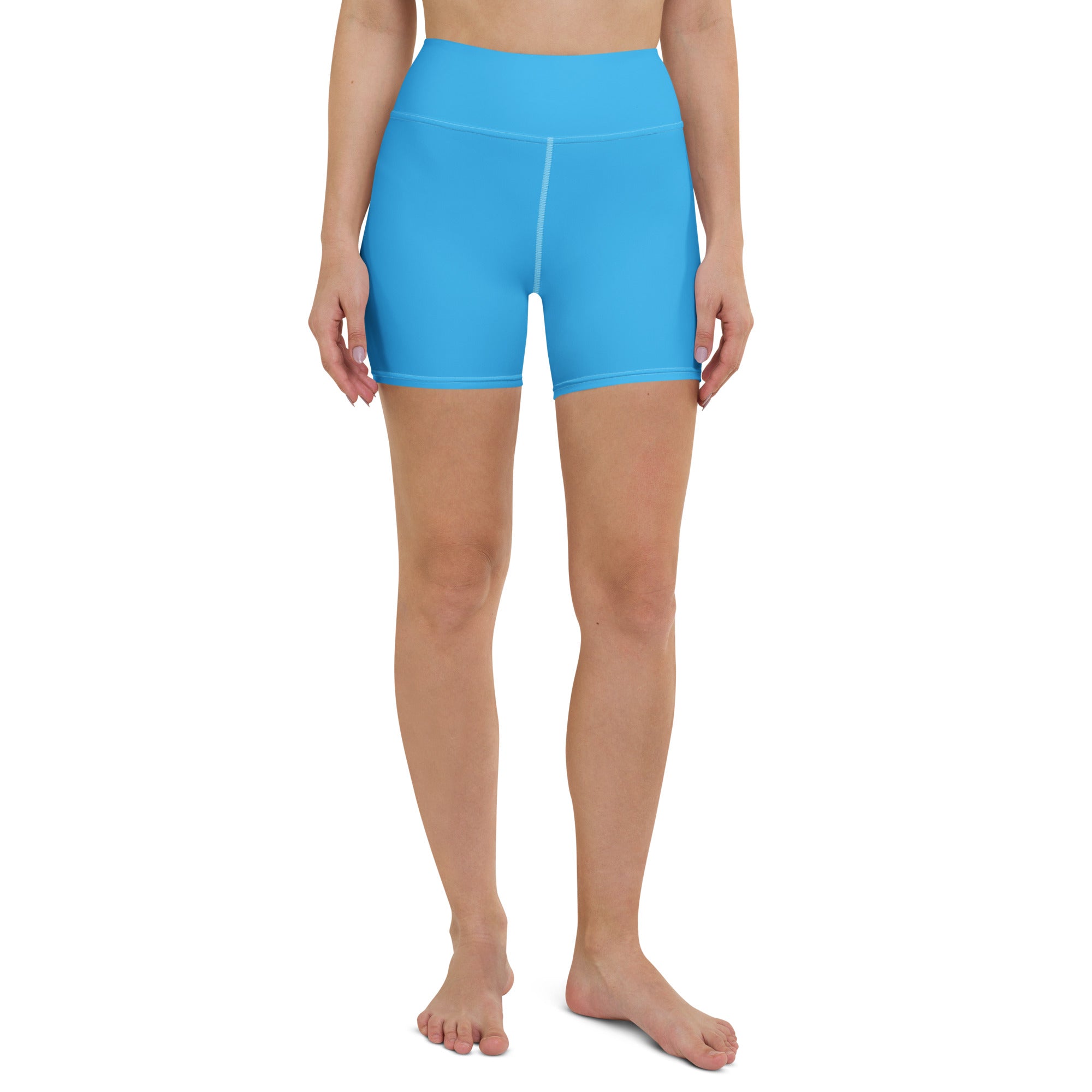 Women’s buttery soft sky blue high waisted yoga shorts made from bright blue smooth stretchy fabric