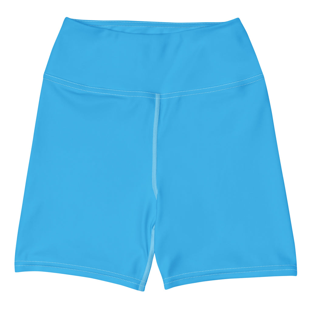 Women’s buttery soft sky blue yoga shorts with high waist and smooth stretchy fabric featuring white seam stitching