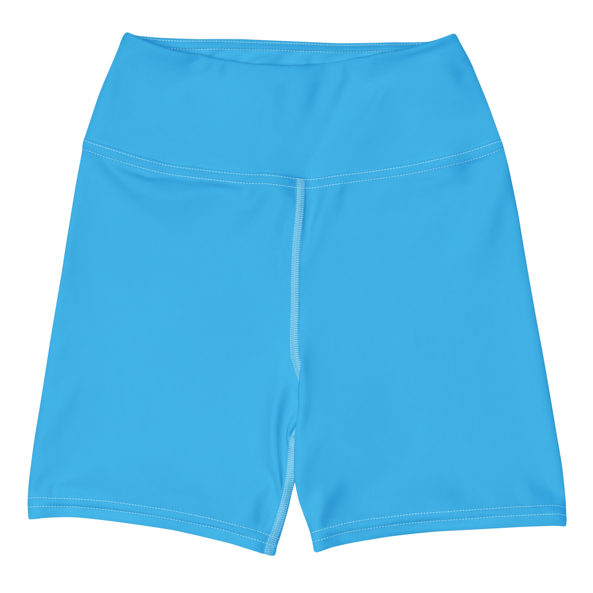 Women’s buttery soft sky blue yoga shorts with high waist and smooth stretchy fabric featuring white seam stitching