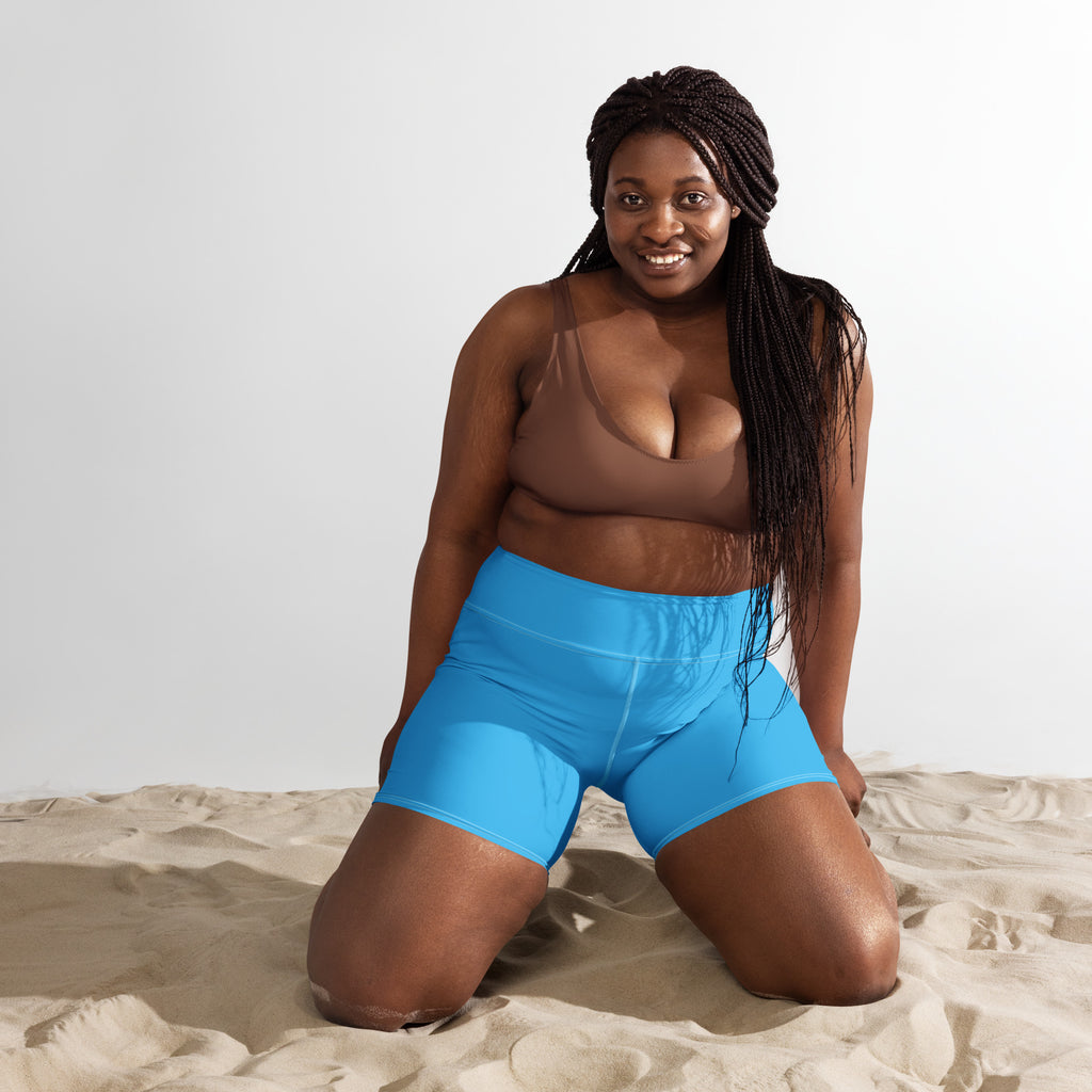 Bright blue high waisted buttery soft yoga shorts for women made from soft active fabric for comfort and flexibility