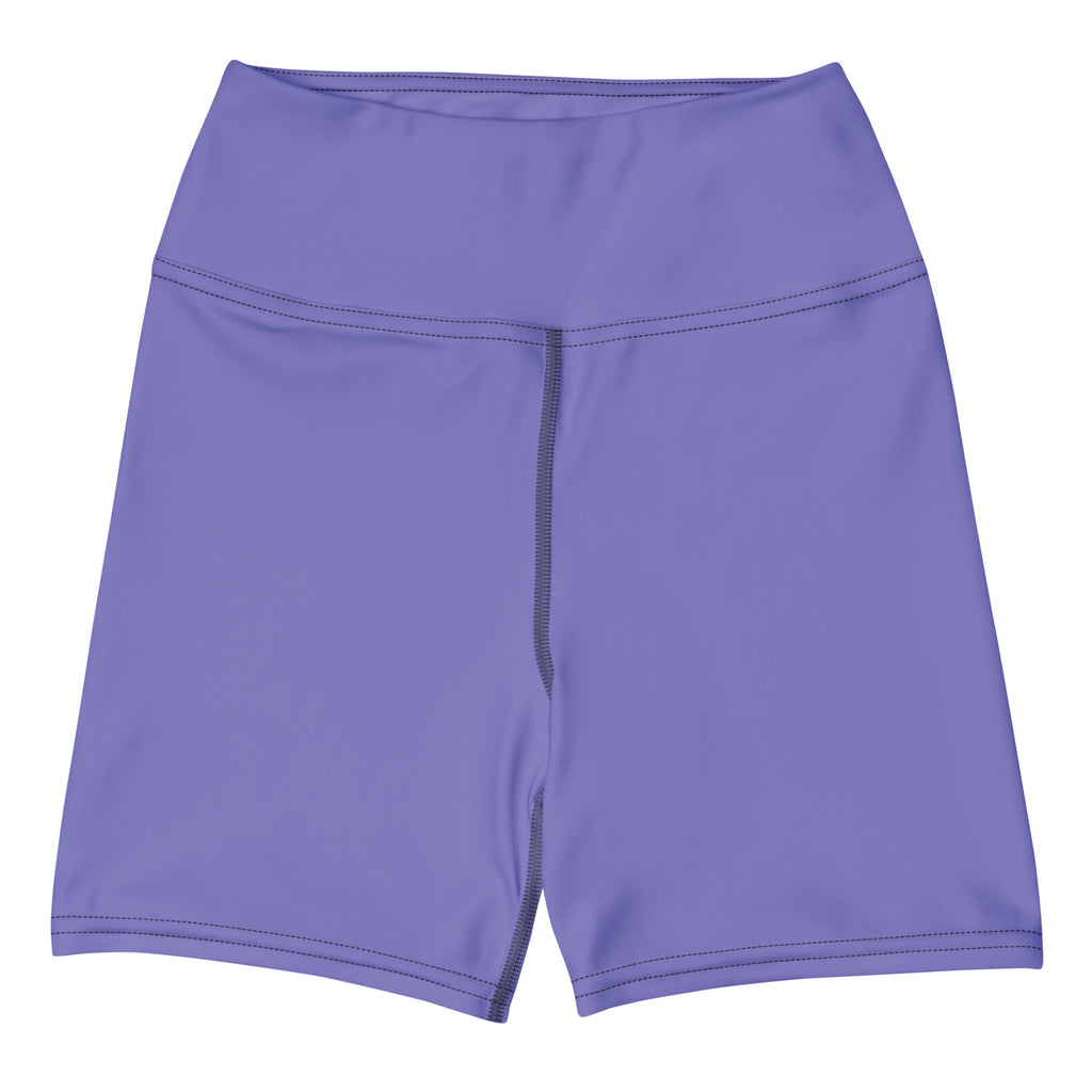 Women’s buttery soft purple high-waisted yoga shorts with sleek stretchy fabric and subtle side seam detailing