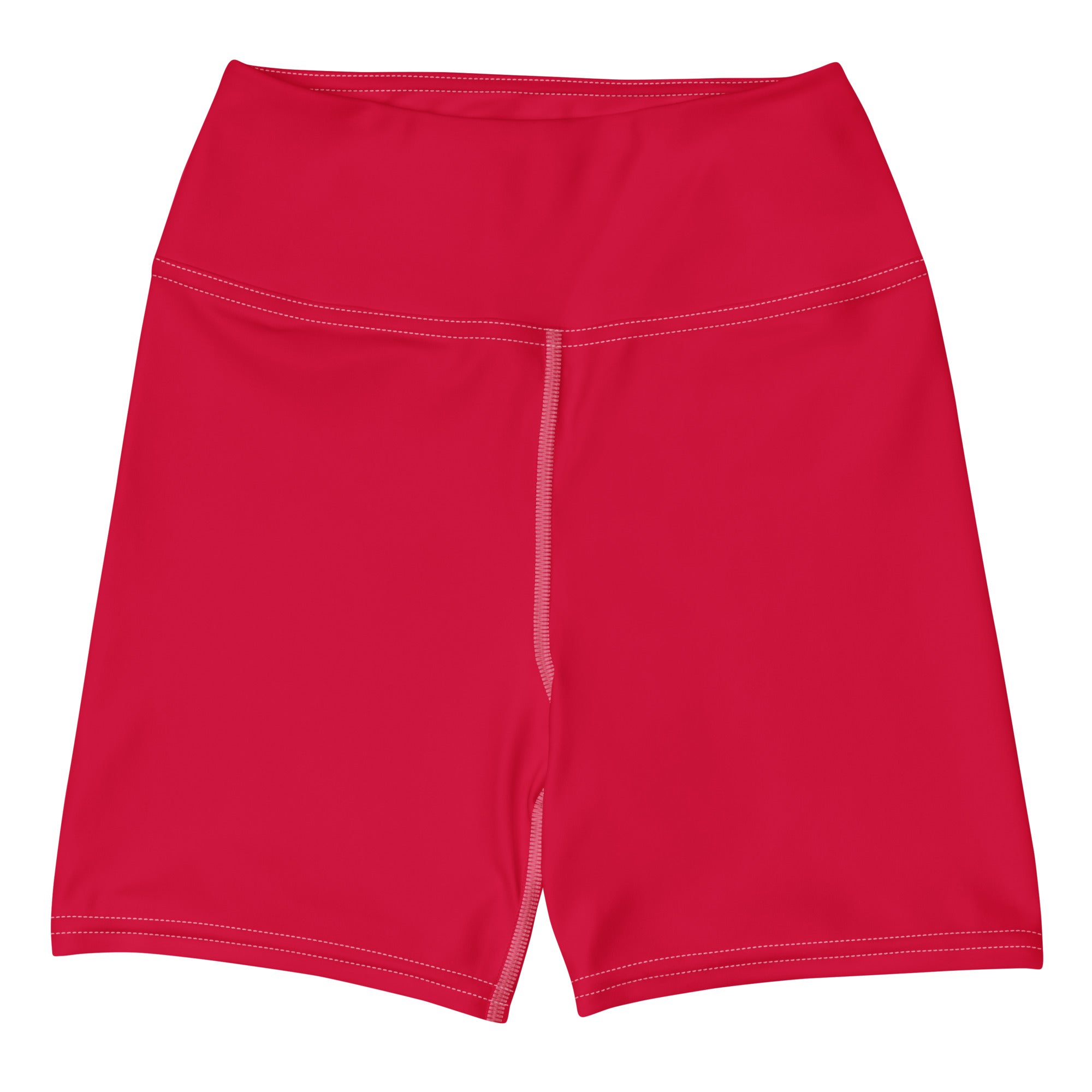 Women’s buttery soft holly red high waisted yoga shorts with contrasting white stitching and center front zipper
