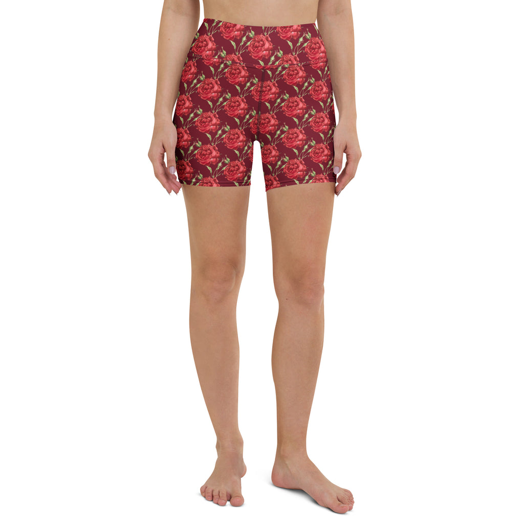 Women’s high waisted buttery soft burgundy rose floral athletic shorts ideal for yoga and activewear