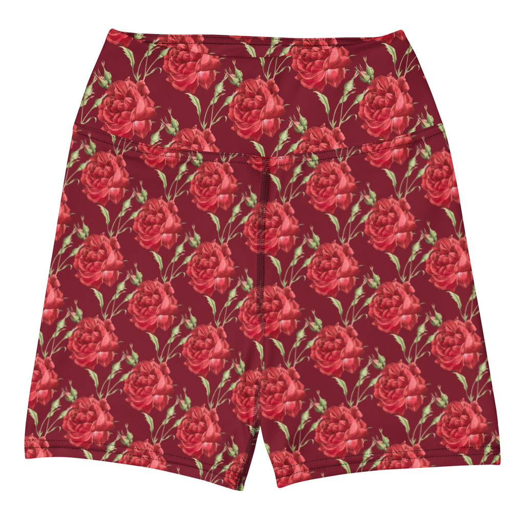 Women’s buttery soft high waisted yoga shorts with red rose pattern on maroon background and green stems