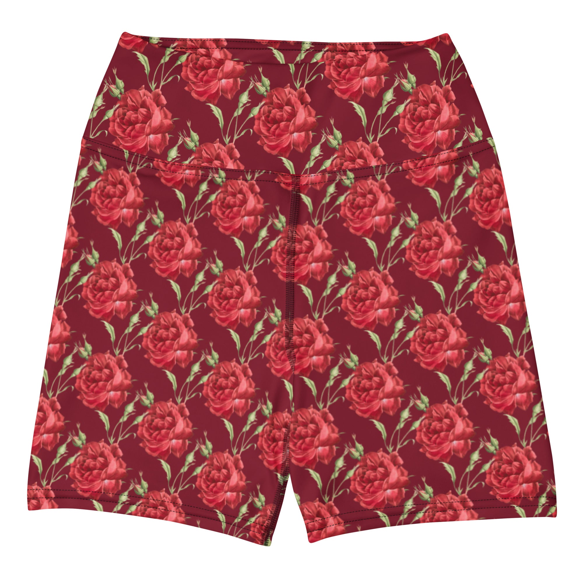 Women’s buttery soft high waisted yoga shorts with red rose pattern on maroon background and green stems