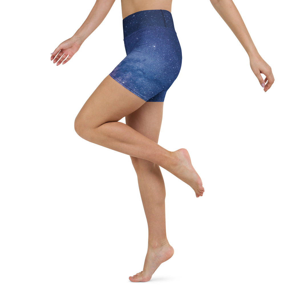 Women’s high waisted buttery soft yoga shorts with a blue galaxy pattern for activewear