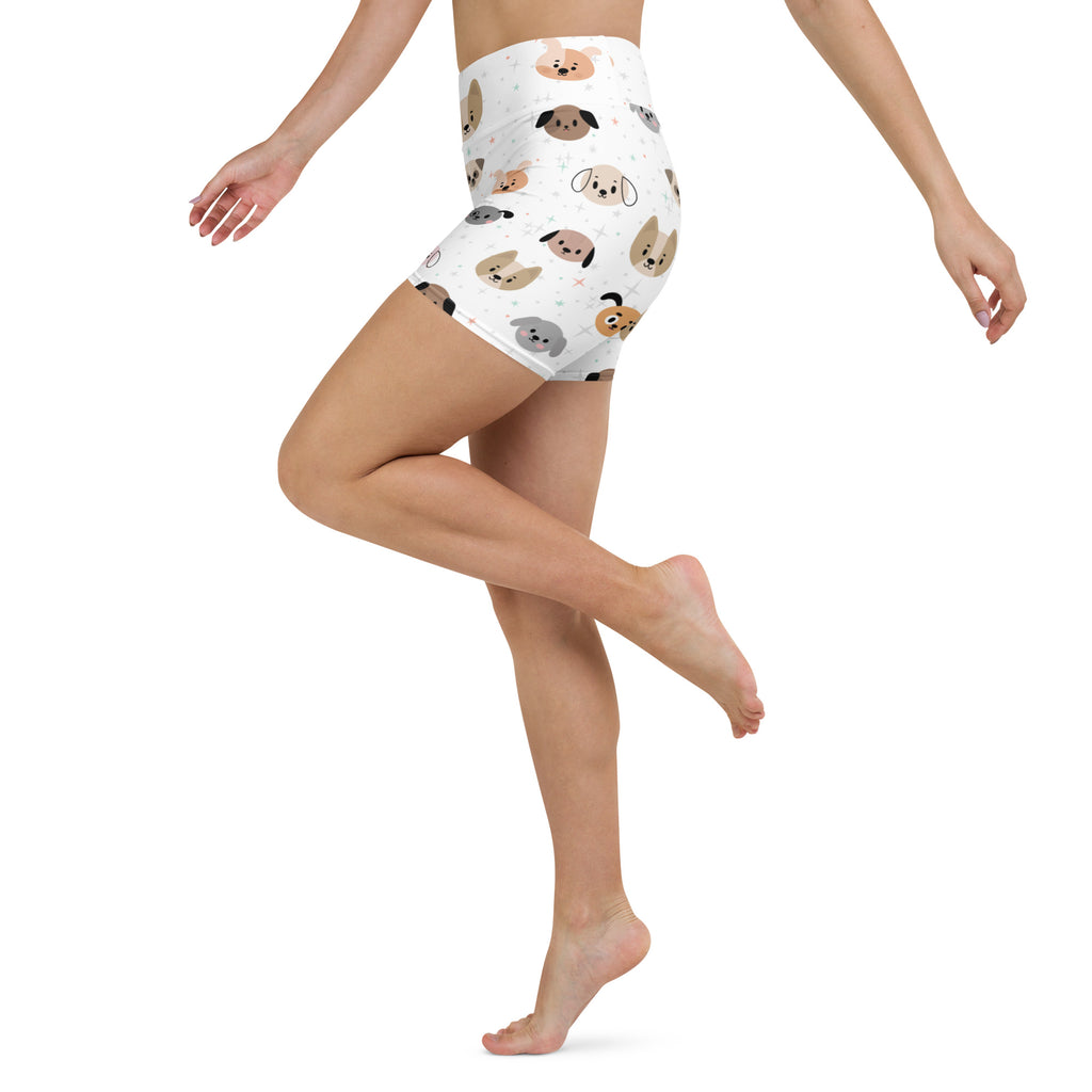 White high-waisted buttery soft yoga shorts with playful multicolor cartoon dog pattern for women