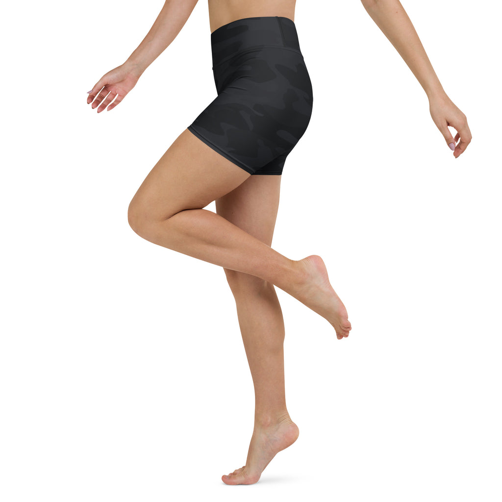 Women’s black high waisted buttery soft yoga shorts with subtle camouflage pattern for activewear use