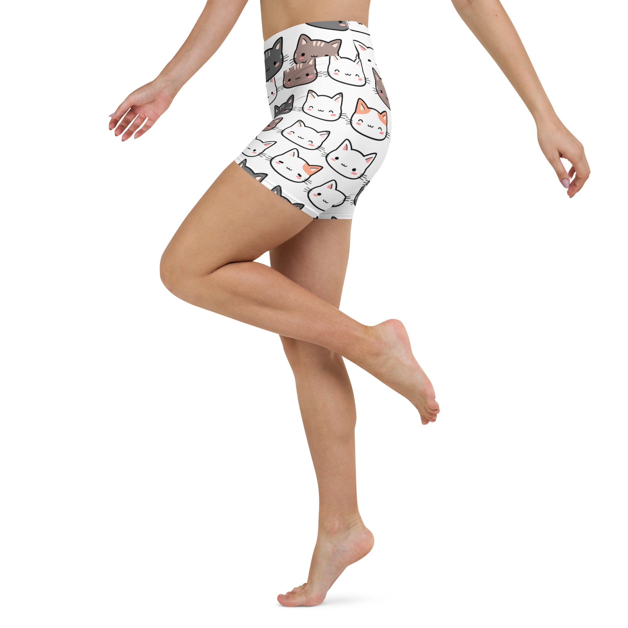 White high-waisted buttery soft women’s cat yoga shorts with colorful cartoon cat pattern for active wear