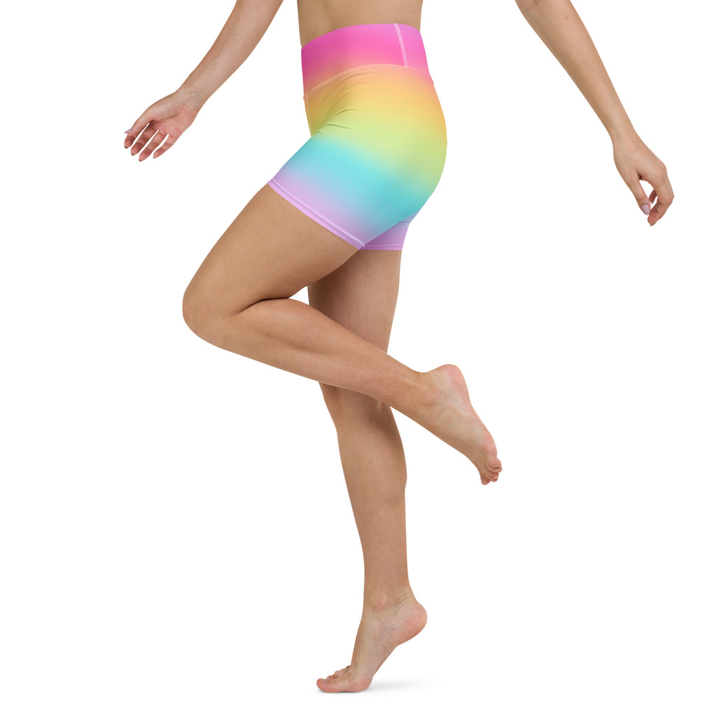 Women’s bright rainbow high-waisted yoga shorts made of buttery soft stretchy fabric for activewear use