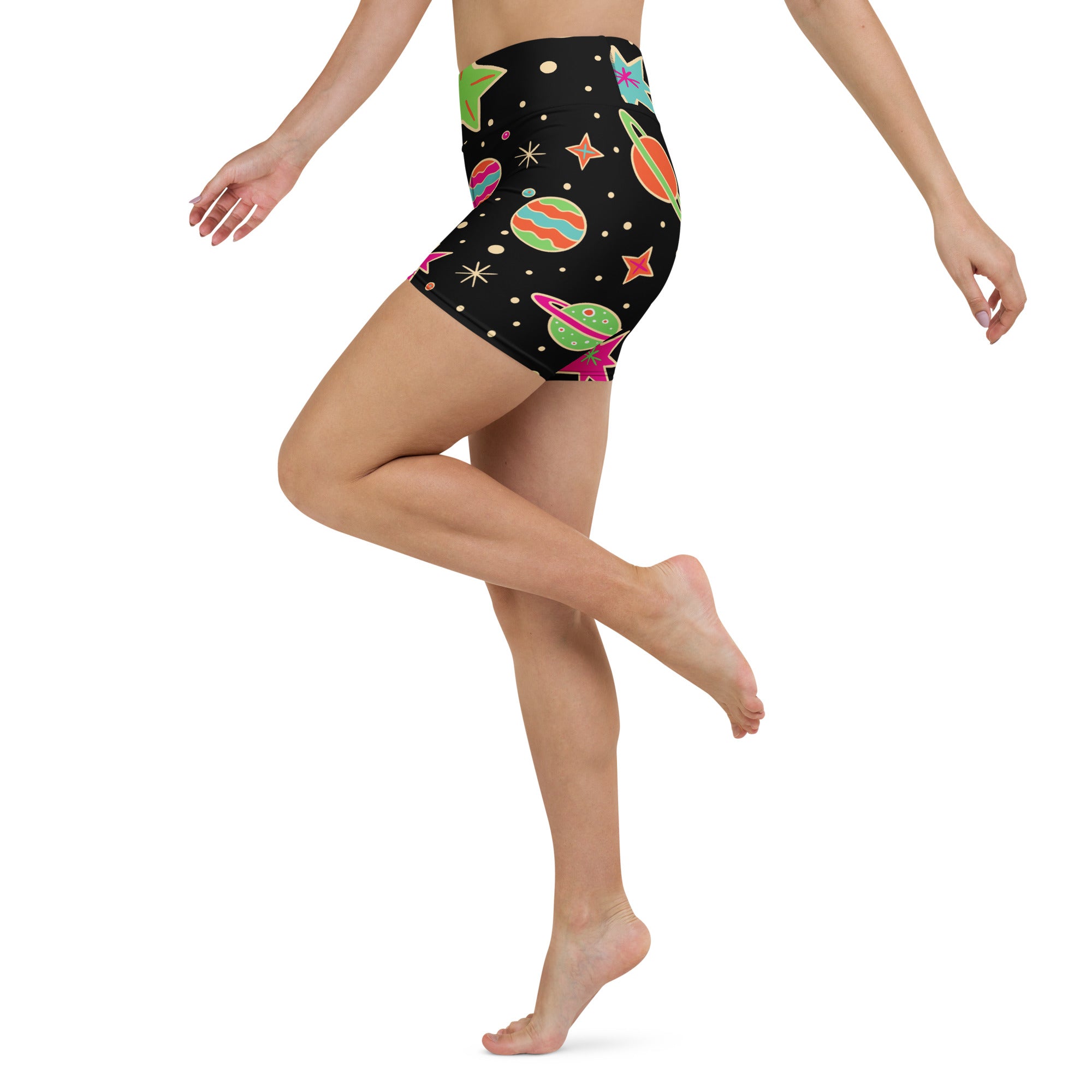 Women’s retro space high waisted buttery soft black yoga shorts with vibrant neon planet star and rocket pattern