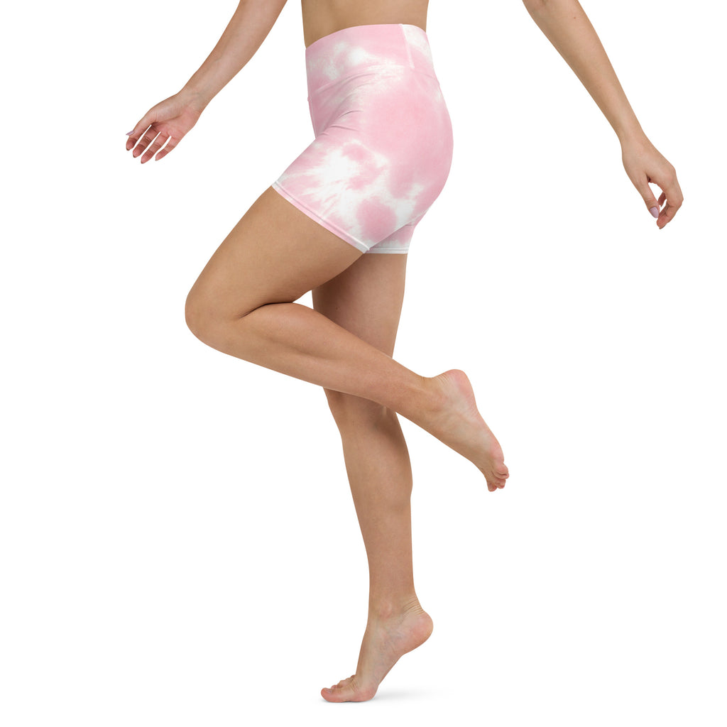 Women’s pink and white tie dye high waisted buttery soft yoga shorts perfect for active wear