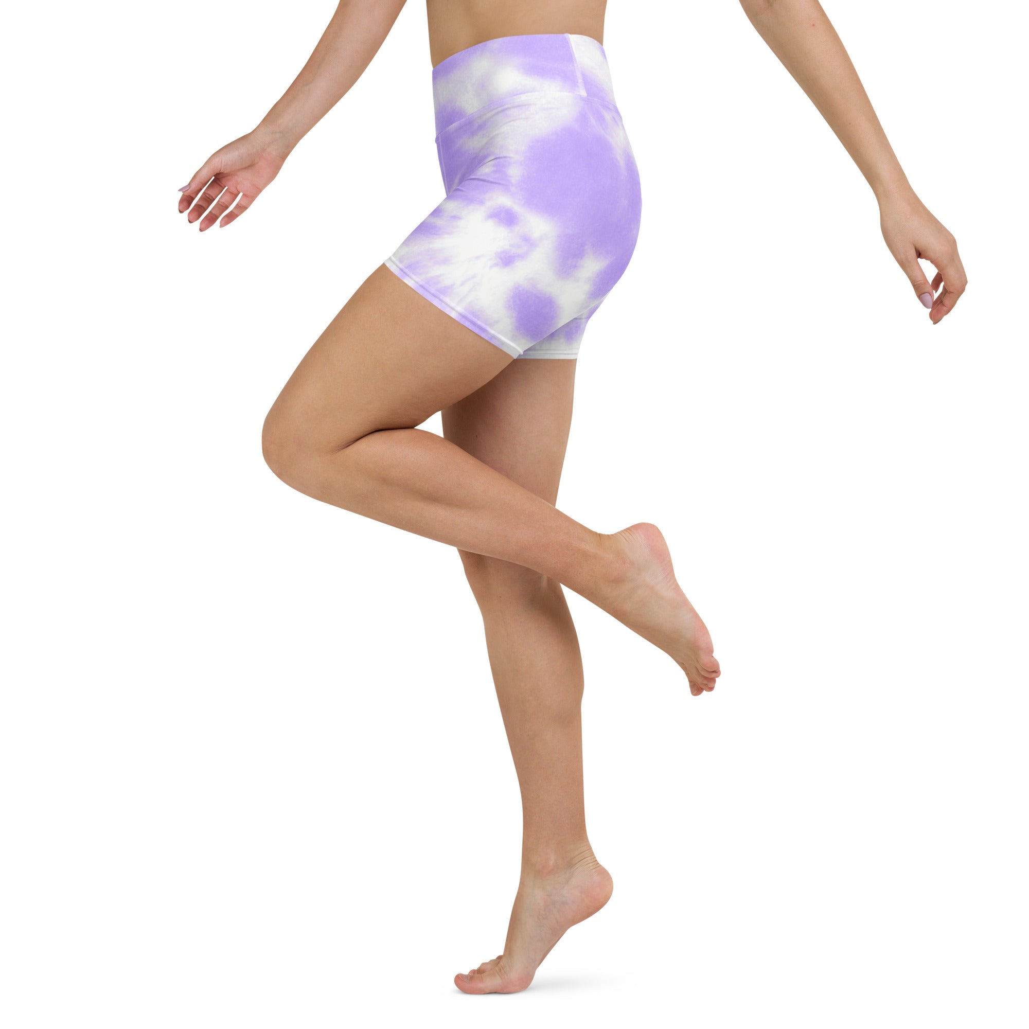 Women’s purple and white tie dye high waisted yoga shorts made from buttery soft fabric for activewear use