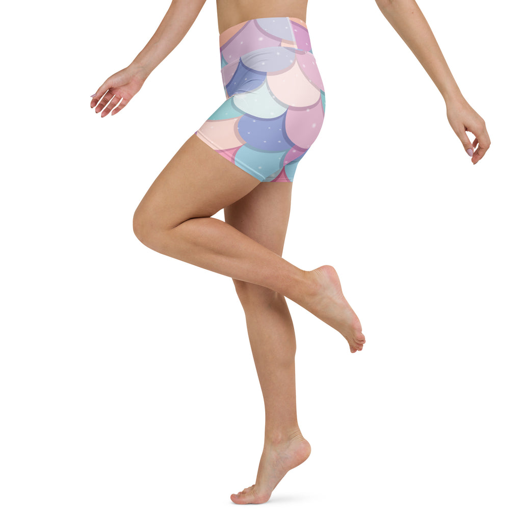 Pastel-colored rainbow mermaid scale patterned high waisted buttery soft yoga shorts for women