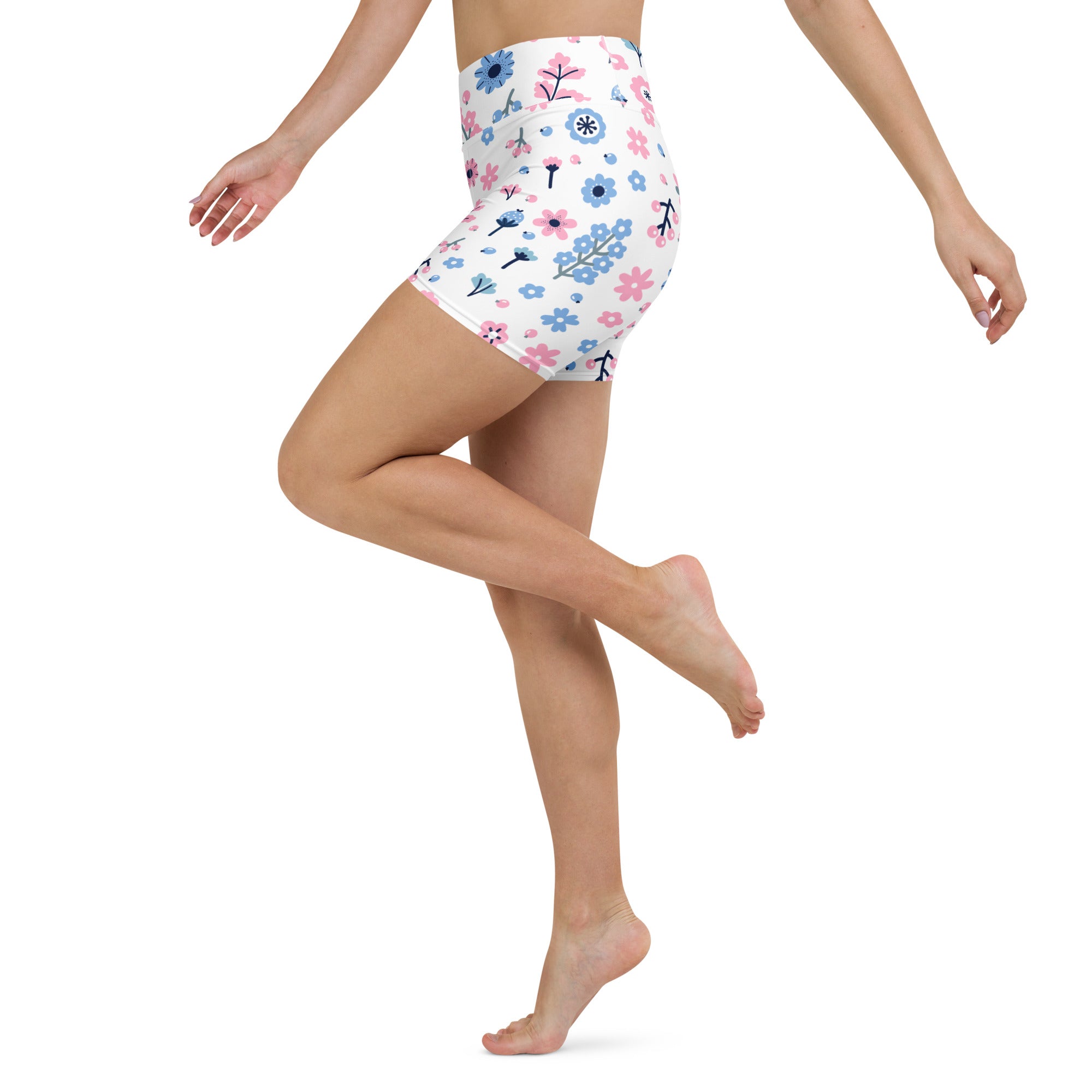 Women’s floral yoga shorts in white high waisted buttery soft fabric with pink and blue flowers and black stems