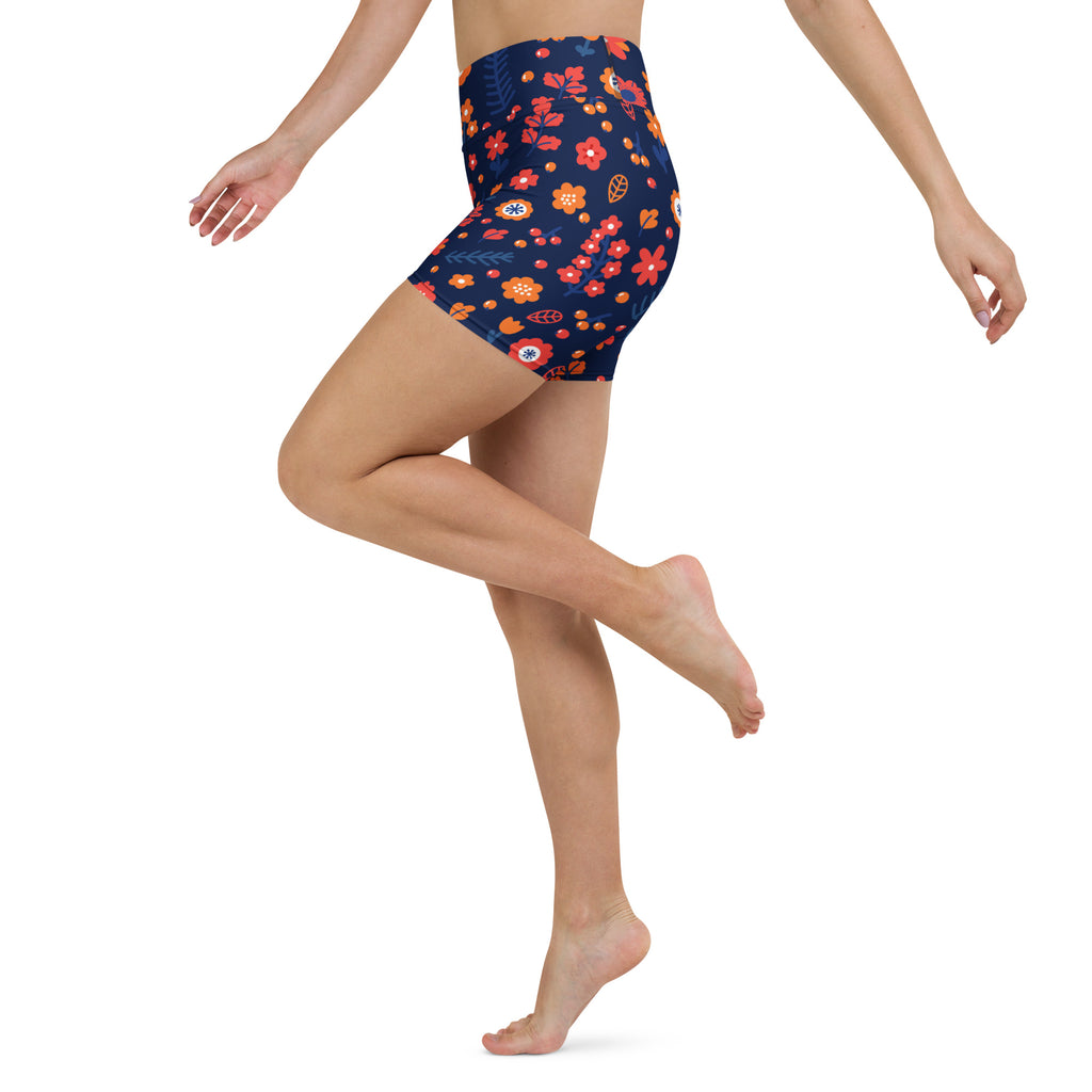 Women’s navy high waisted yoga shorts with orange red floral print made of buttery soft active fabric