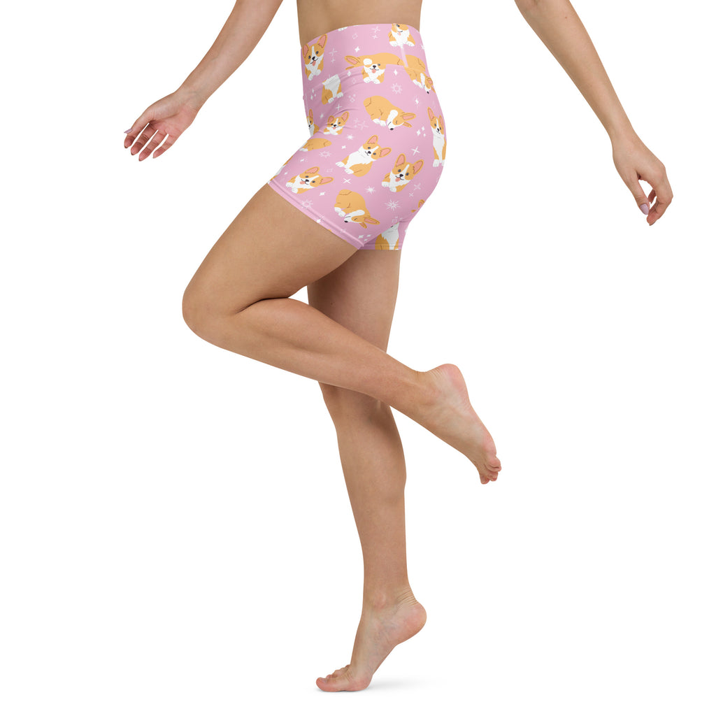 Women’s pink corgi patterned high waisted buttery soft yoga shorts designed for active wear