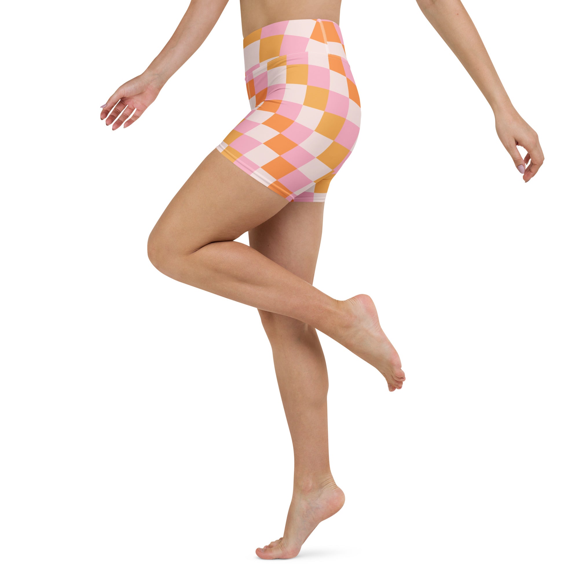 Women’s high-waisted pink and orange checkered buttery soft leggings ideal for yoga and activewear