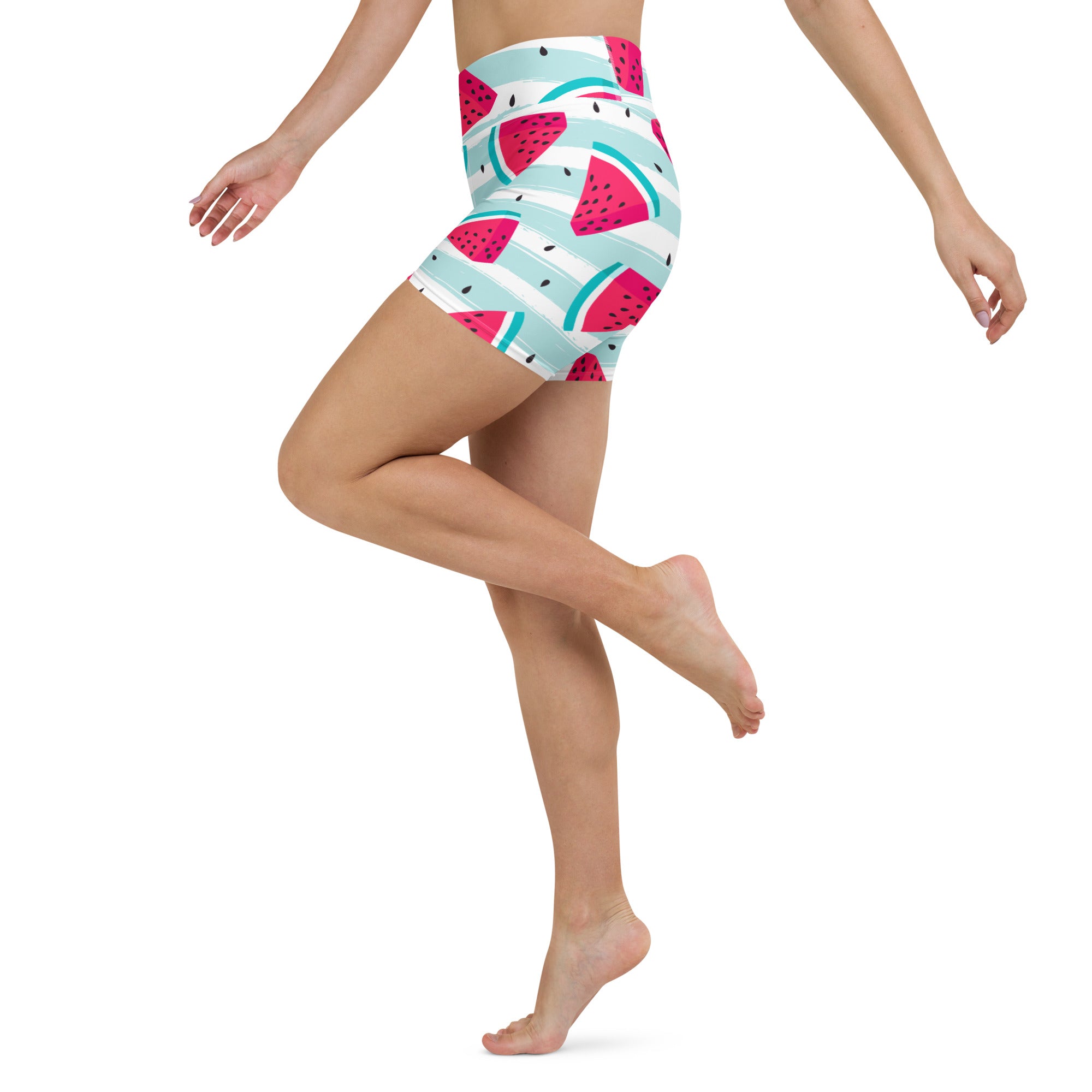 High-waisted women’s yoga shorts with vibrant pink watermelon pattern on light blue and white striped buttery soft fabric