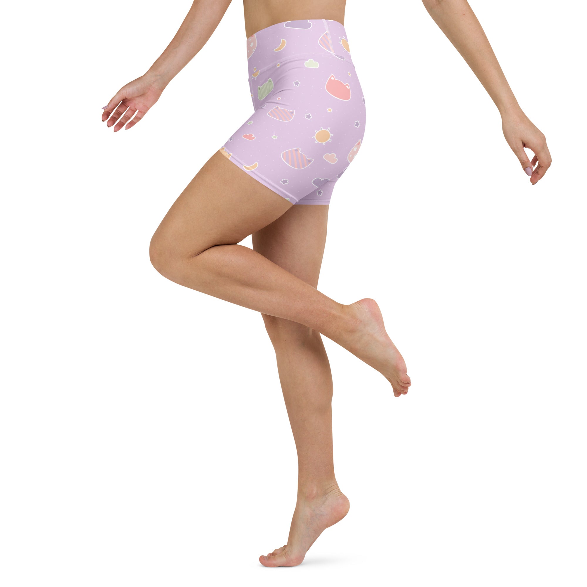 Women’s high waisted buttery soft lavender yoga shorts with pastel kawaii cats and moon pattern
