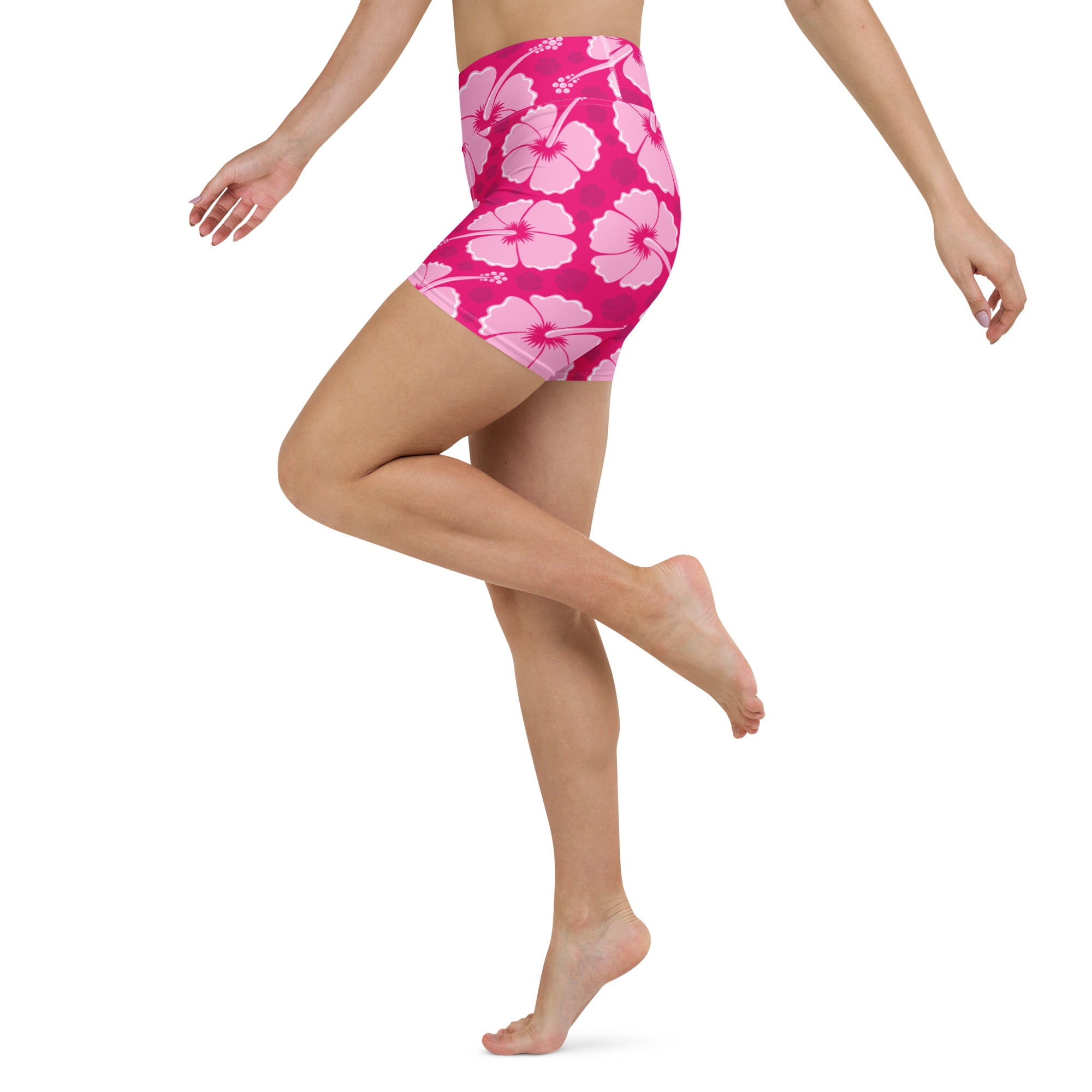 Women’s high waisted buttery soft pink hibiscus print yoga shorts perfect for tropical activewear