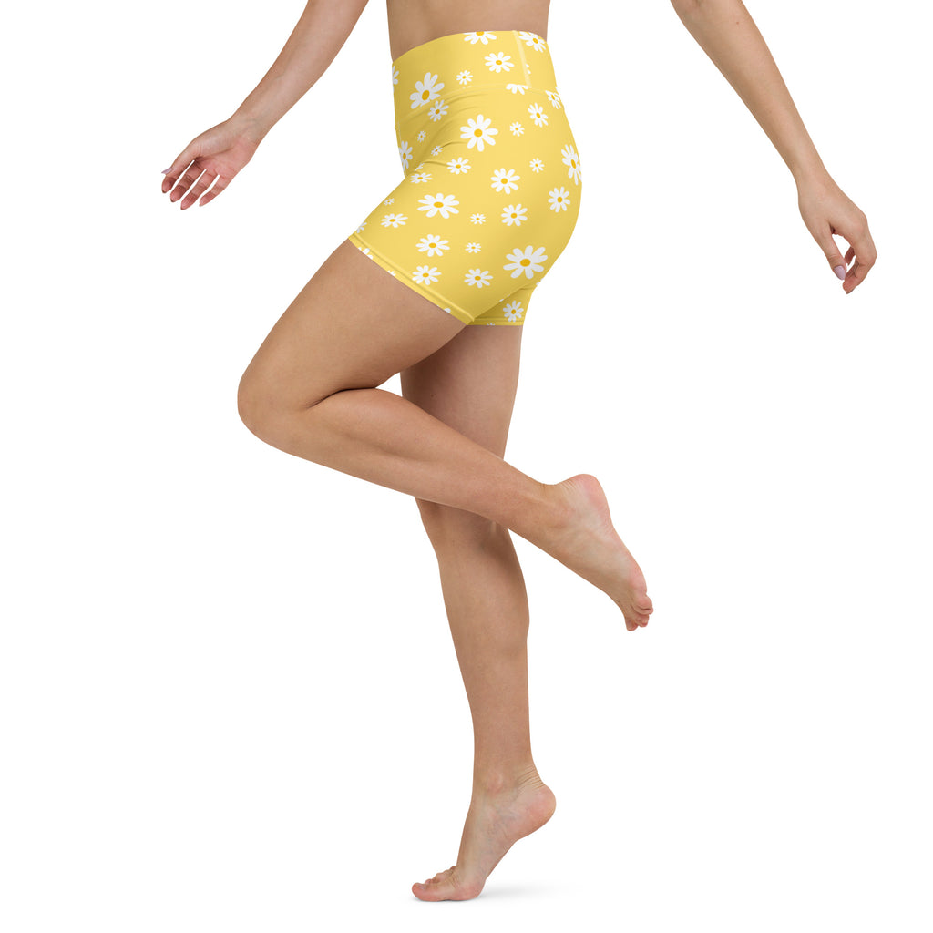 Women’s Yellow Daisy Yoga Shorts – High Waisted Buttery Soft Active Pants