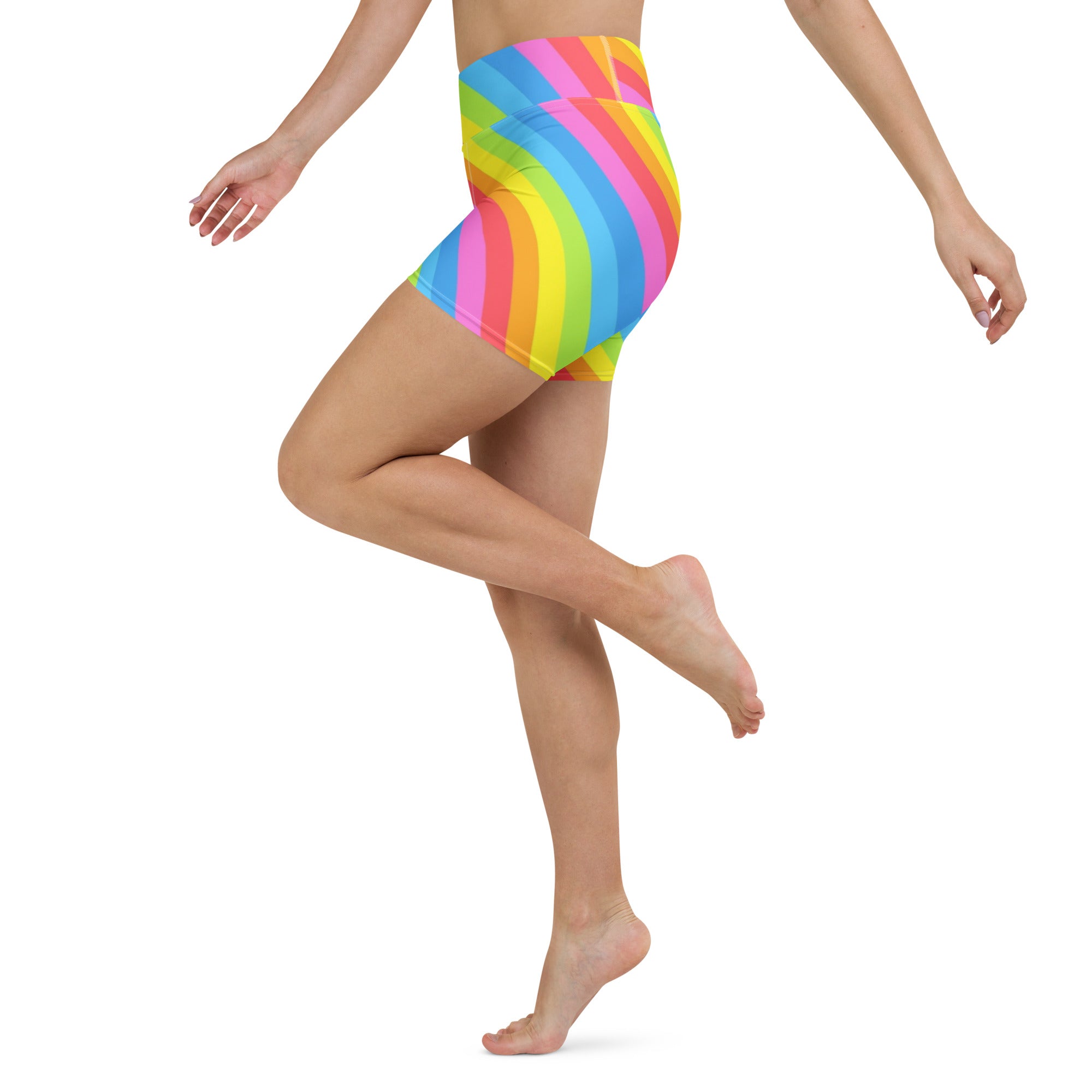 Women’s Rainbow Stripe Yoga Shorts – High Waisted Buttery Soft Active Pants