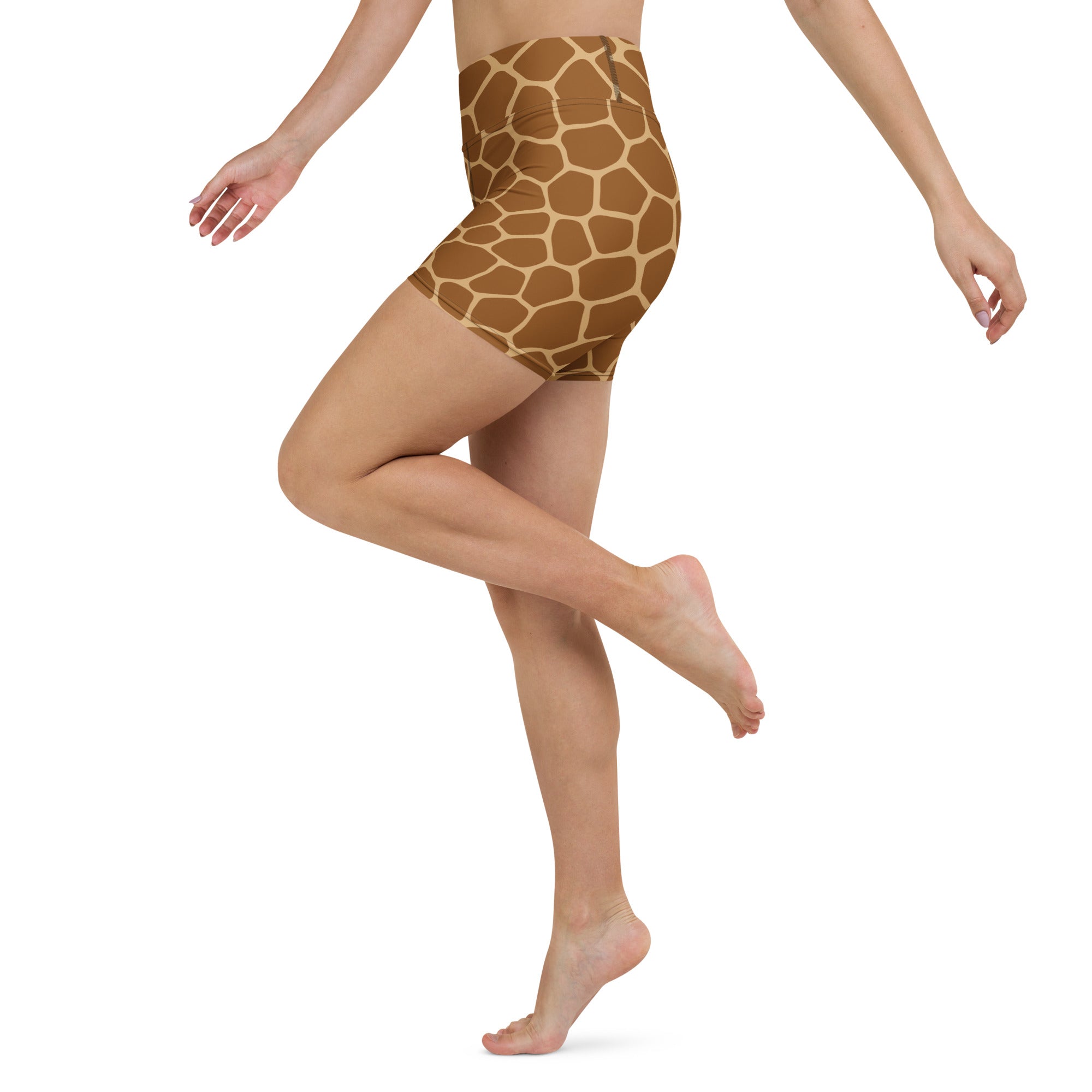 Women’s high waisted giraffe print yoga shorts in buttery soft stretchy fabric for active wear