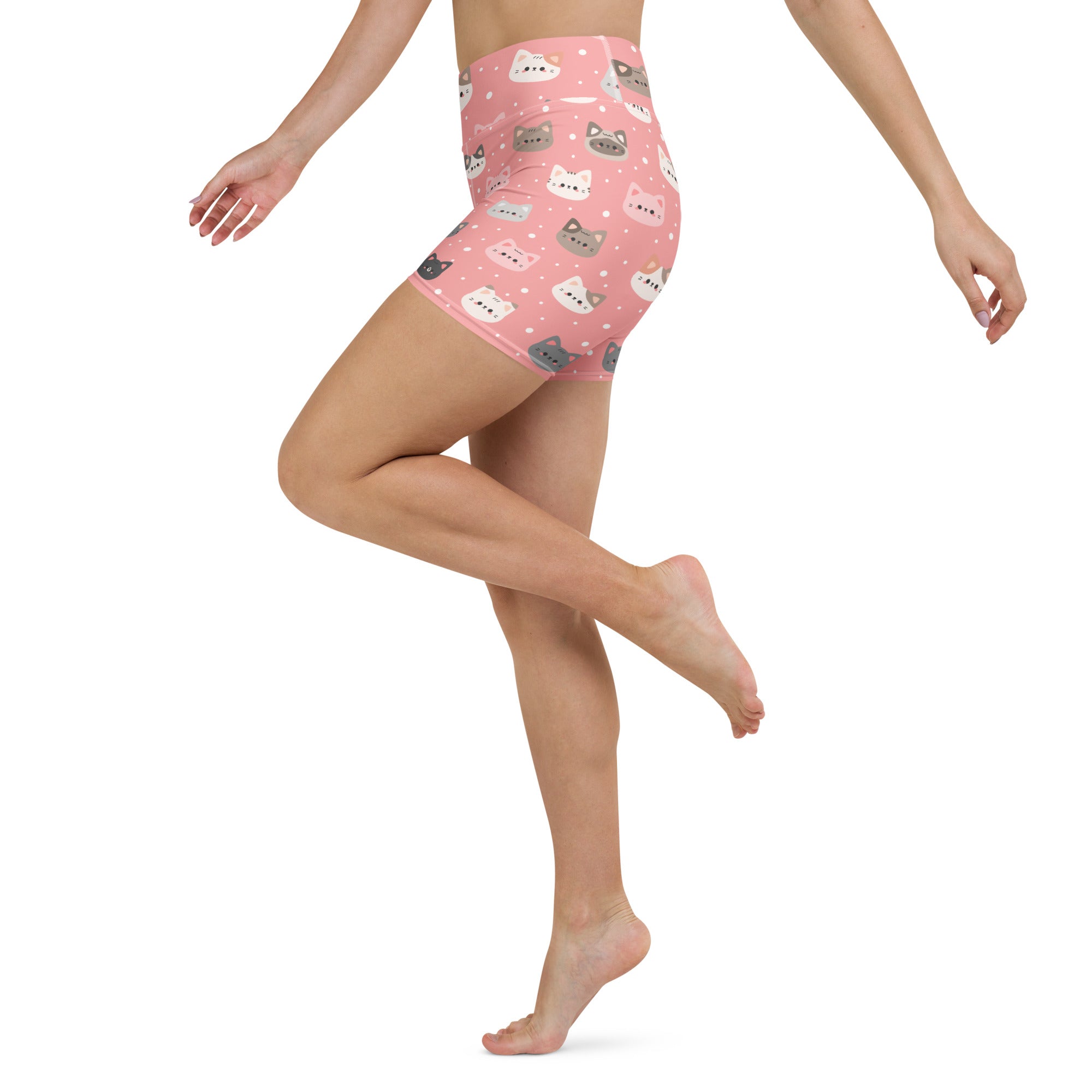 Women’s cute pink cat faces high waisted buttery soft yoga shorts with playful white and gray cartoon cat pattern